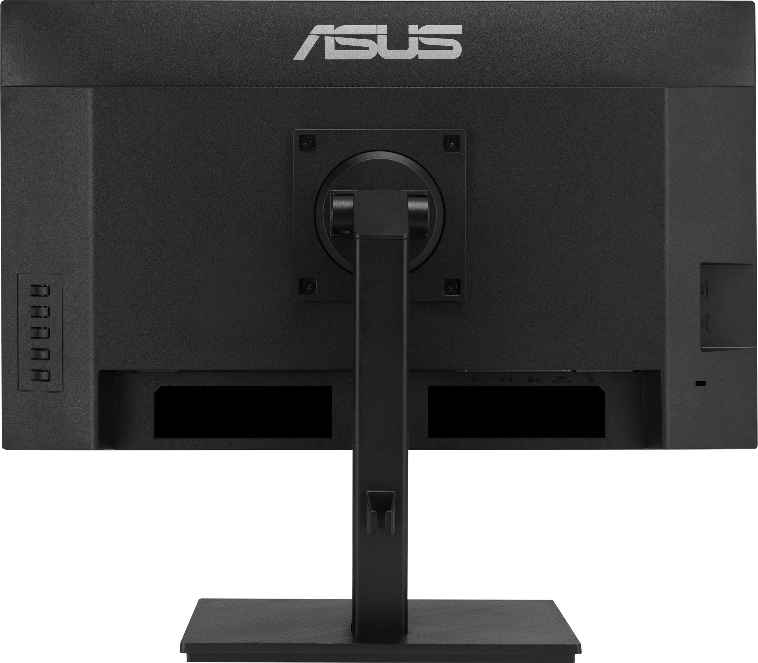 Rear view of a black Asus computer monitor with stand and ports.