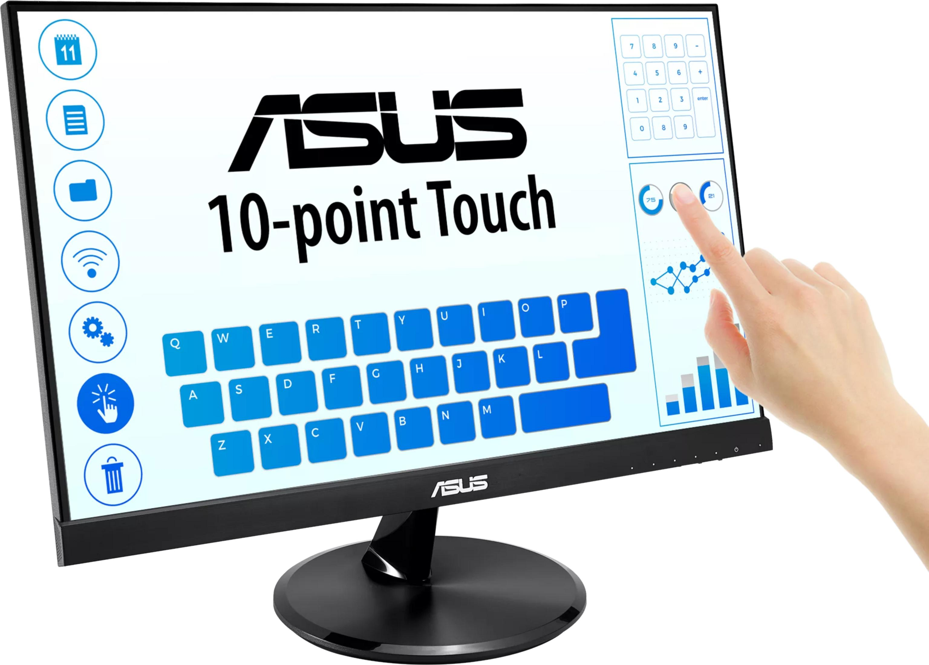 A hand touching the screen of an Asus monitor displaying a virtual keyboard.