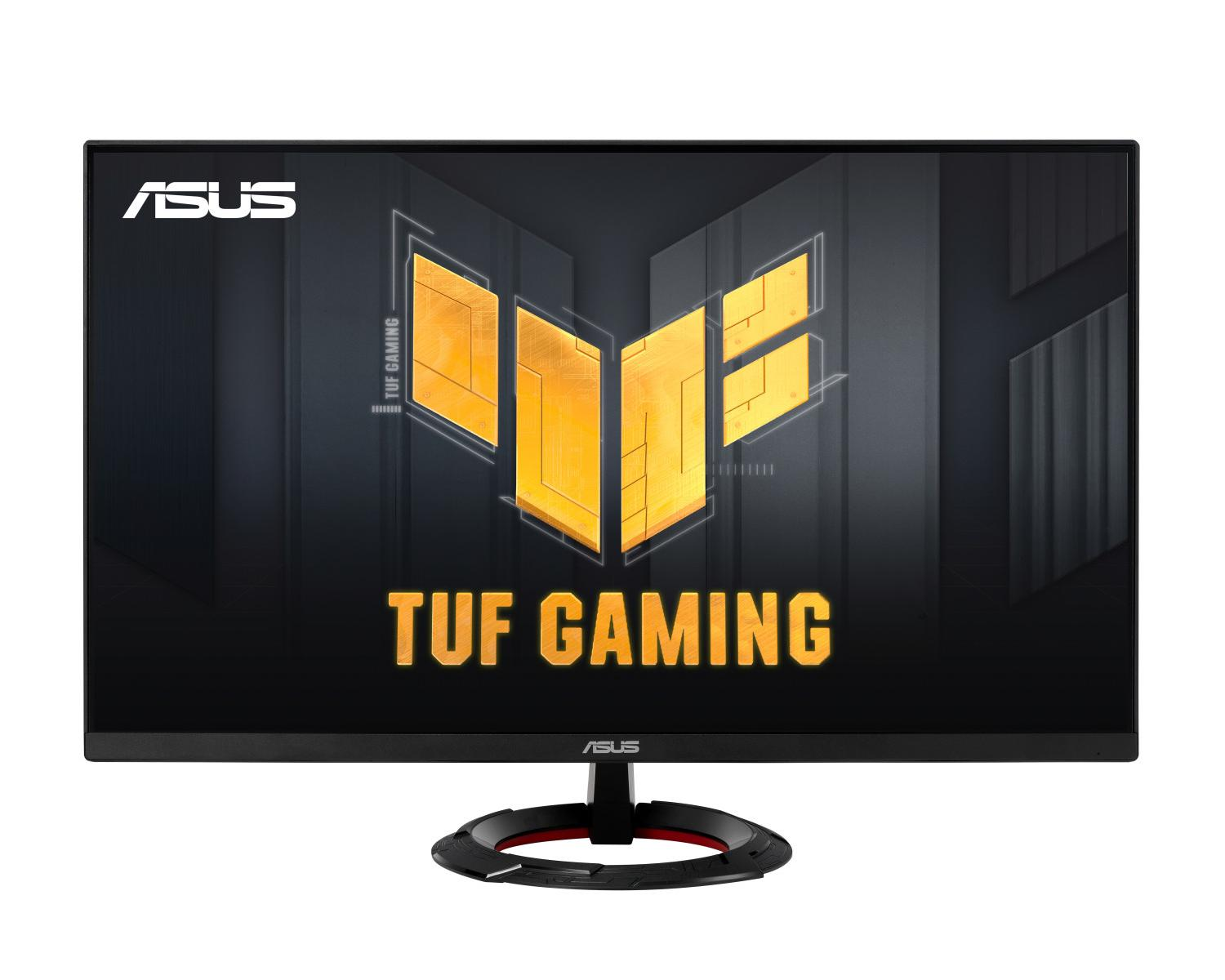 Monitor ASUS TUF Gaming con cornice nera e logo giallo-arancione sullo schermo su sfondo bianco.