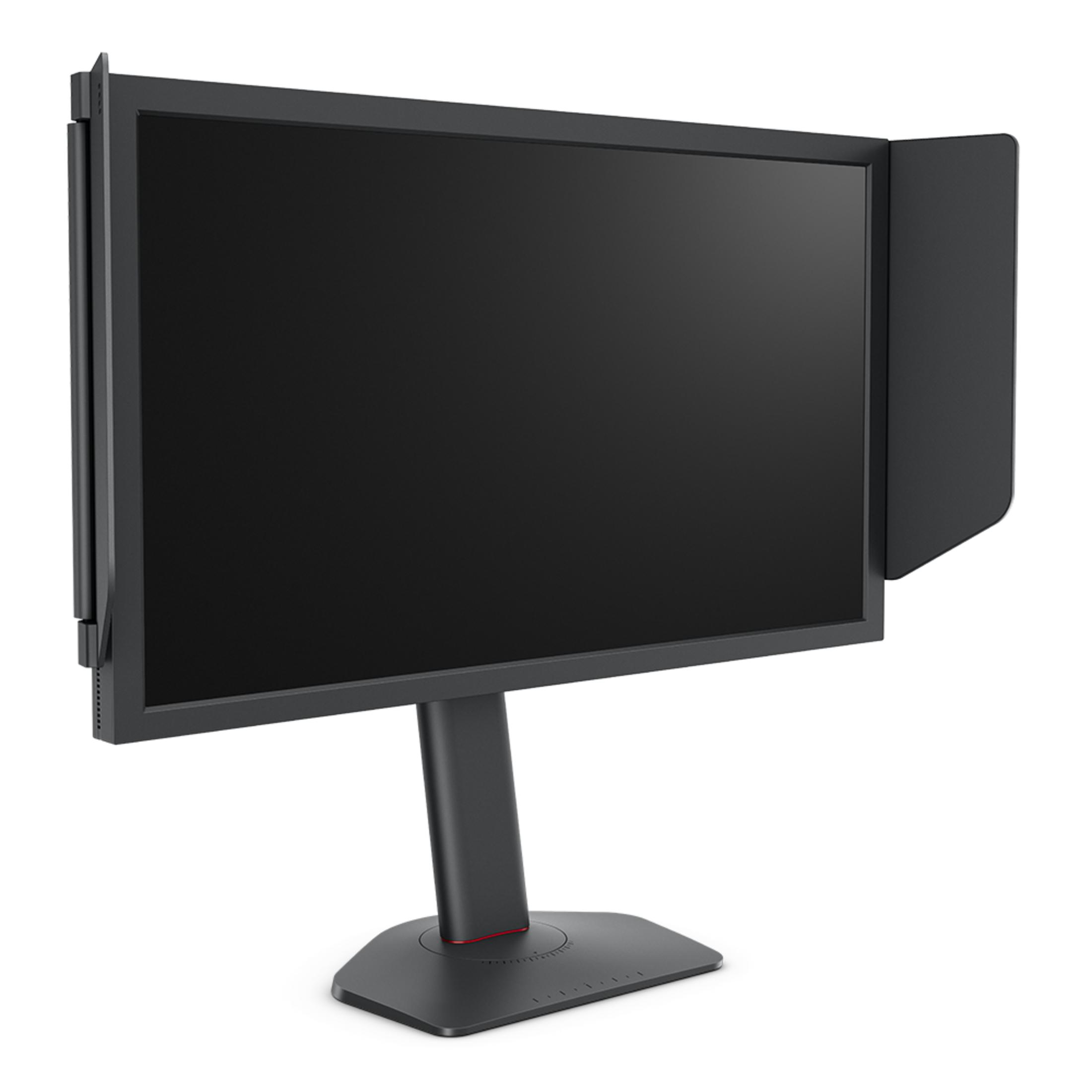 Schwarzer Computermonitor mit Seitenblenden und einem stabilen Standfuß auf weiBem Hintergrund.