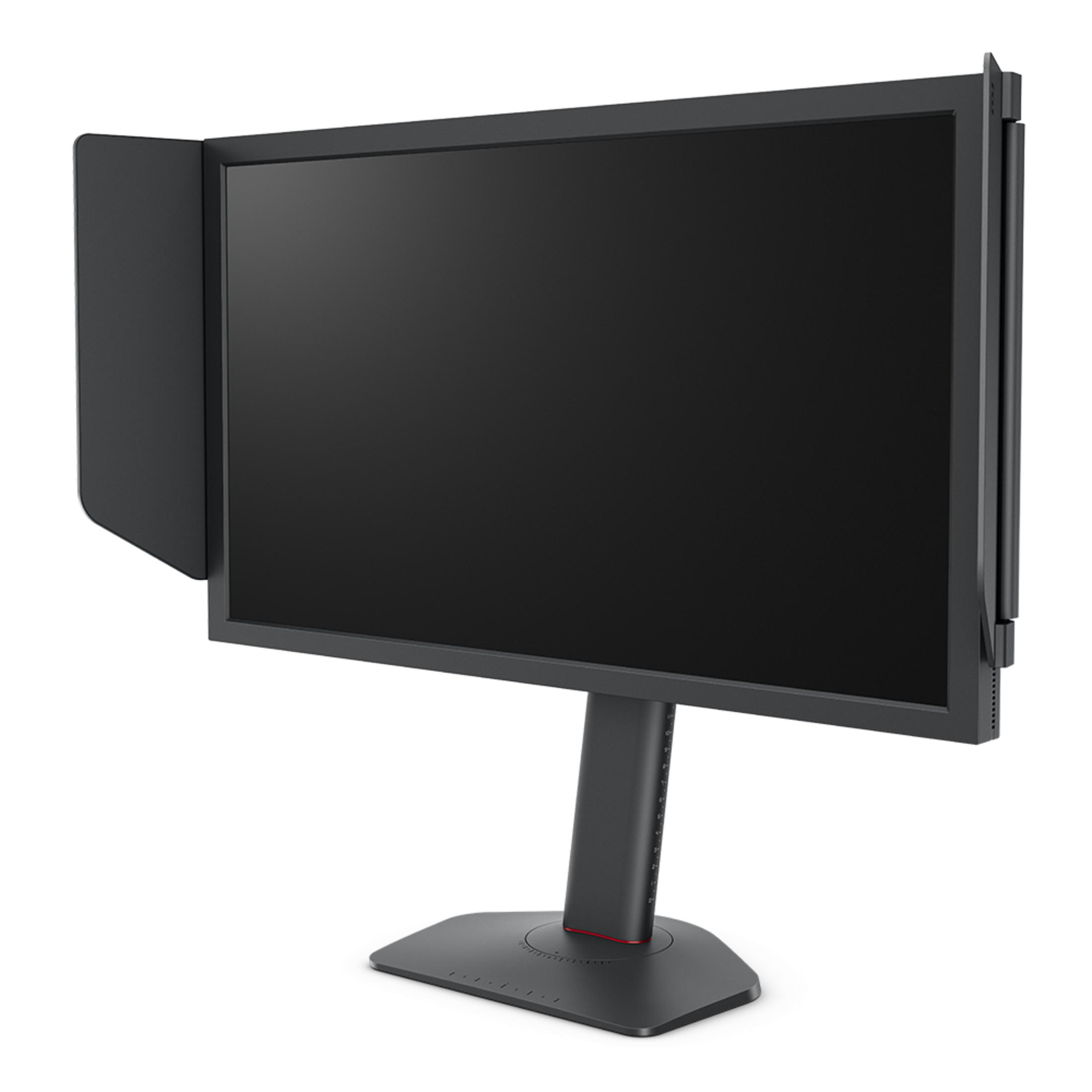 Ein schwarzer Computermonitor mit Blendschutzhauben und einem runden Standfuss auf weissem Hintergrund.