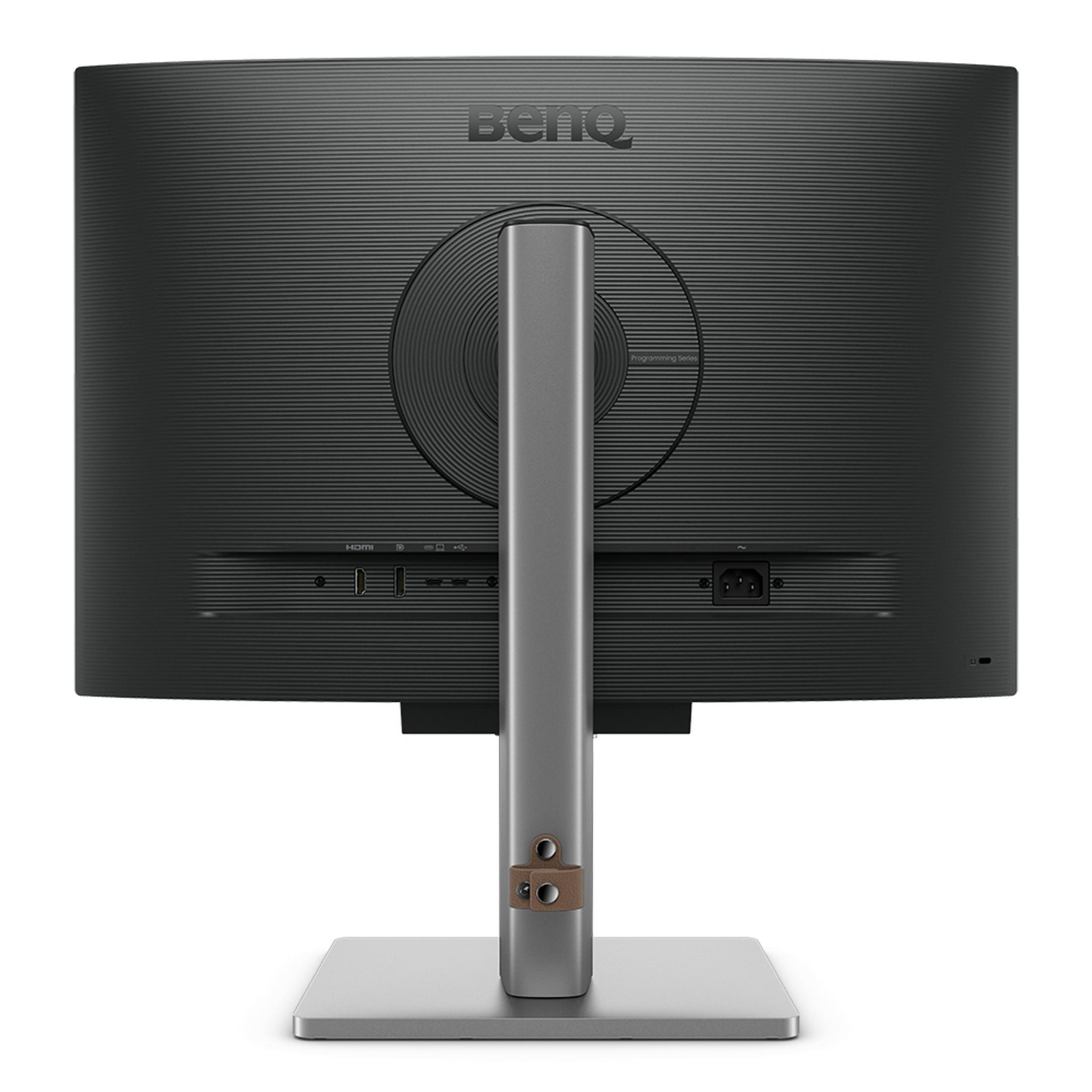 Rear view of a curved BenQ monitor with a grey stand against a white background.