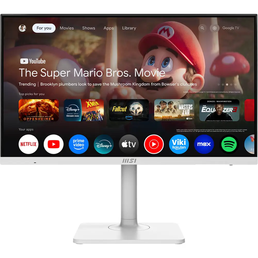 Biały monitor MSI wyświetla interfejs Google TV z filmem Super Mario Bros. i różnymi logo aplikacji.