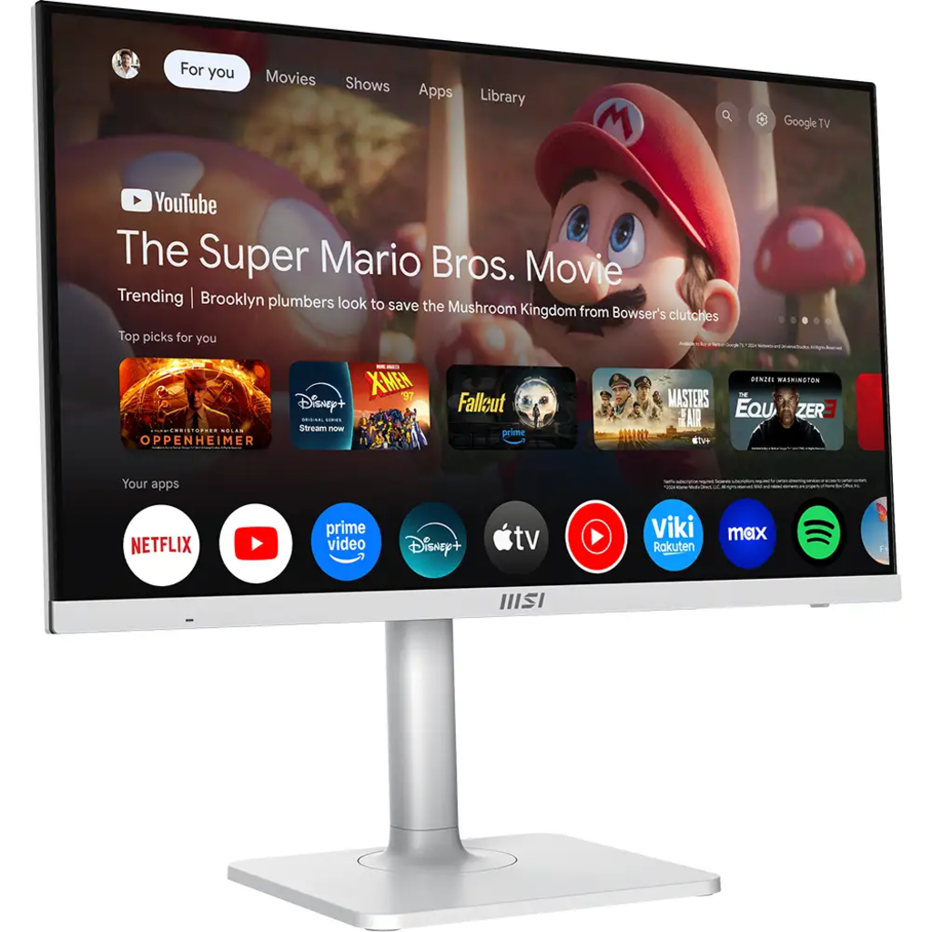 Monitor MSI z interfejsem Google TV przedstawiający film Super Mario Bros. i aplikacje streamingowe.