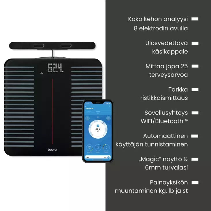 Eine schwarze digitale Waage mit Handsensor und Smartphone, das Gesundheitswerte zeigt, vor dunklem Text.