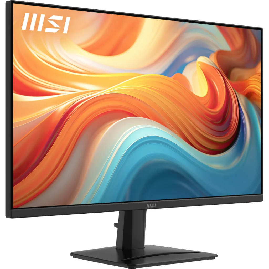 Monitor MSI wyświetlający żywą, abstrakcyjną tapetę w fale w kolorze pomarańczowym, niebieskim i białym na czarnej podstawie.