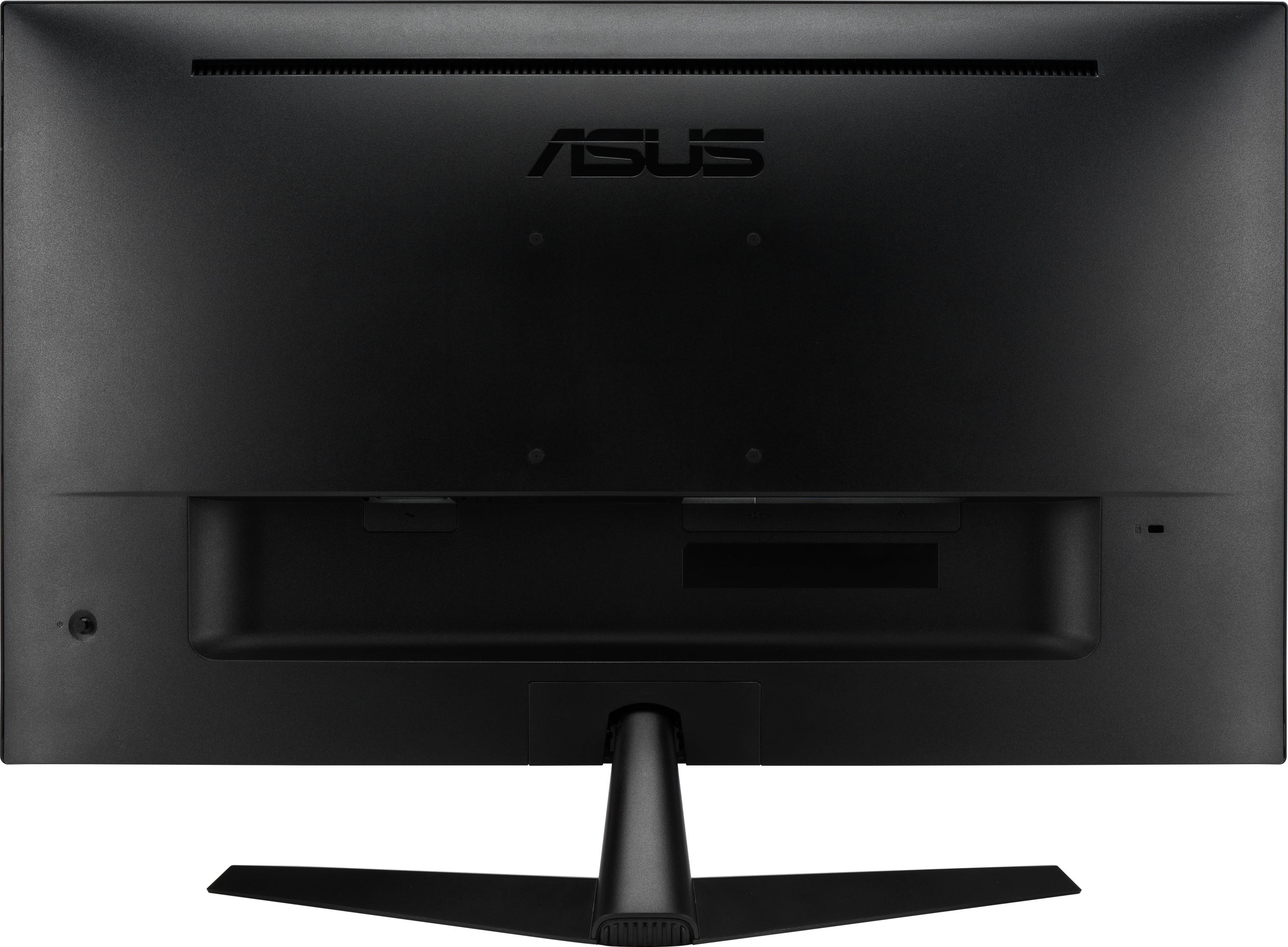 VESA montaj delikleri ve standı olan siyah bir ASUS monitörün arkadan görünümü.