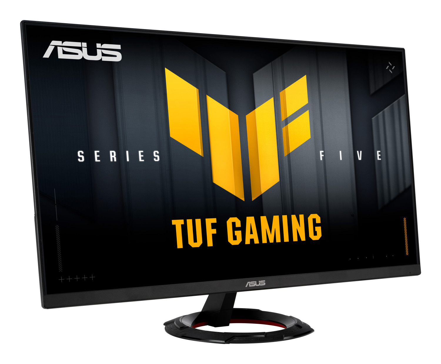 ASUS TUF Gaming Monitor mit gelbem Logo und Text auf dunklem Hintergrund.