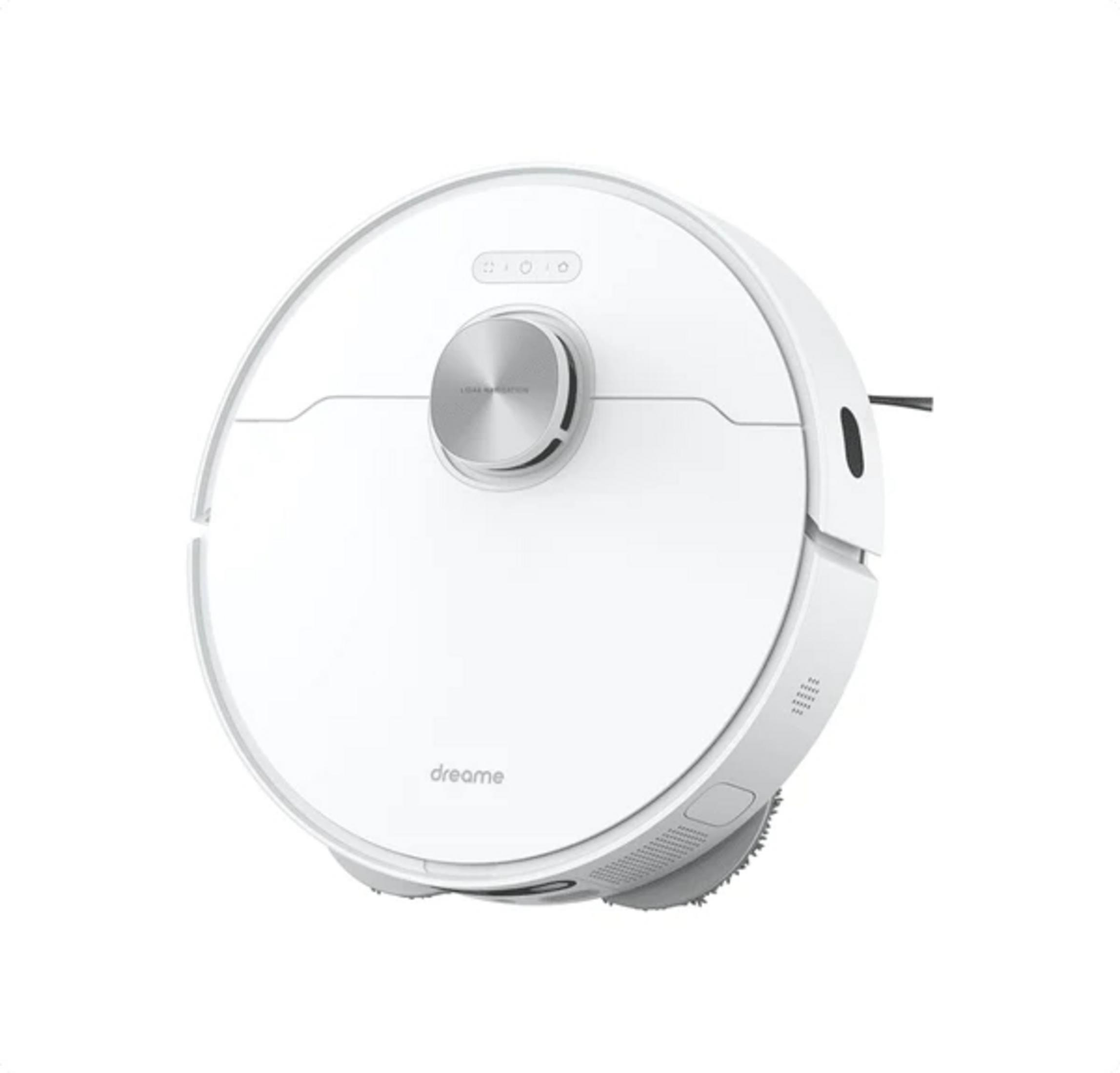 Un robot aspirapolvere bianco con cupola di navigazione laser argentata e logo Dreame su sfondo bianco.