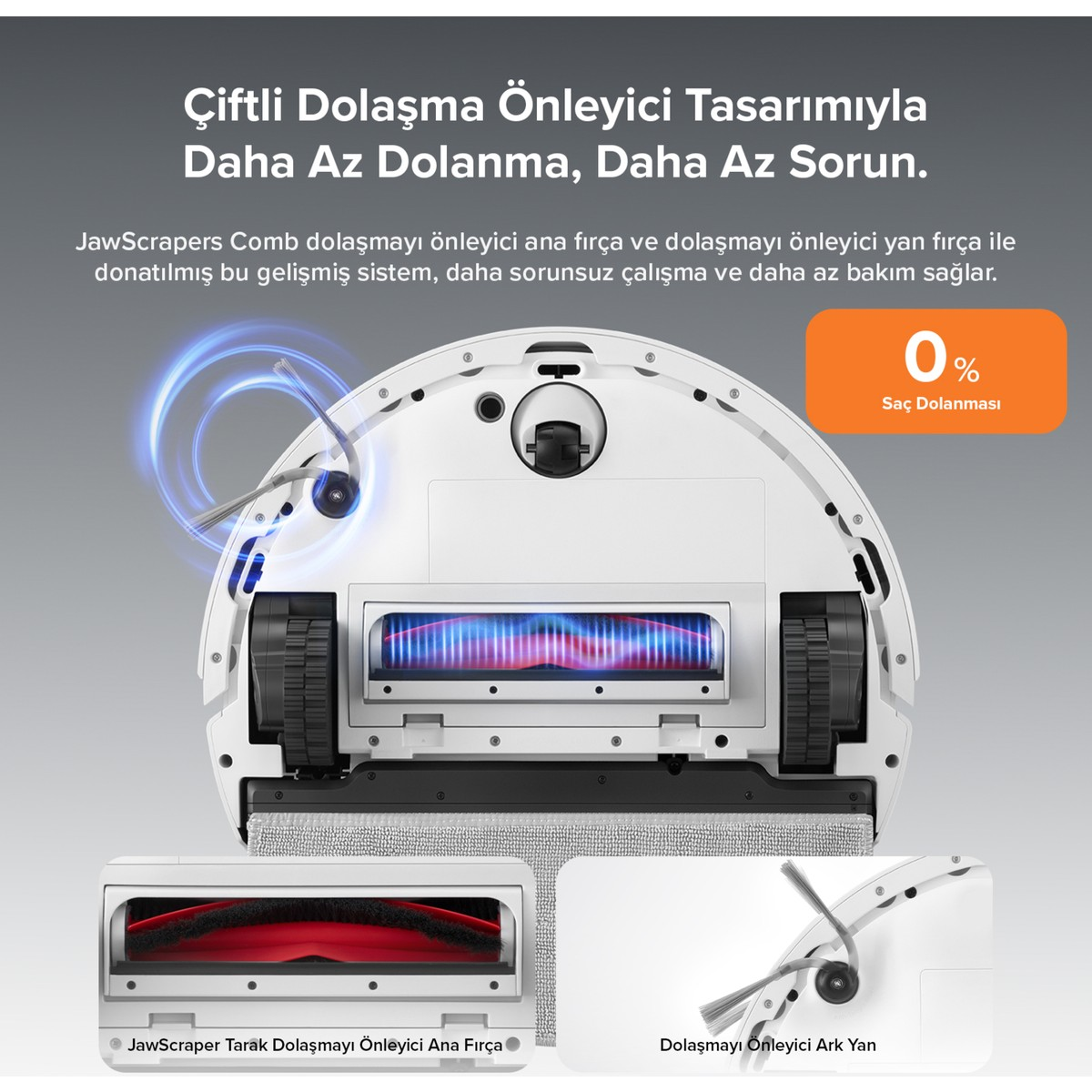 Dolaşma önleyici özelliklere ve fırça detaylarına sahip beyaz robot süpürgenin alt görünümü.