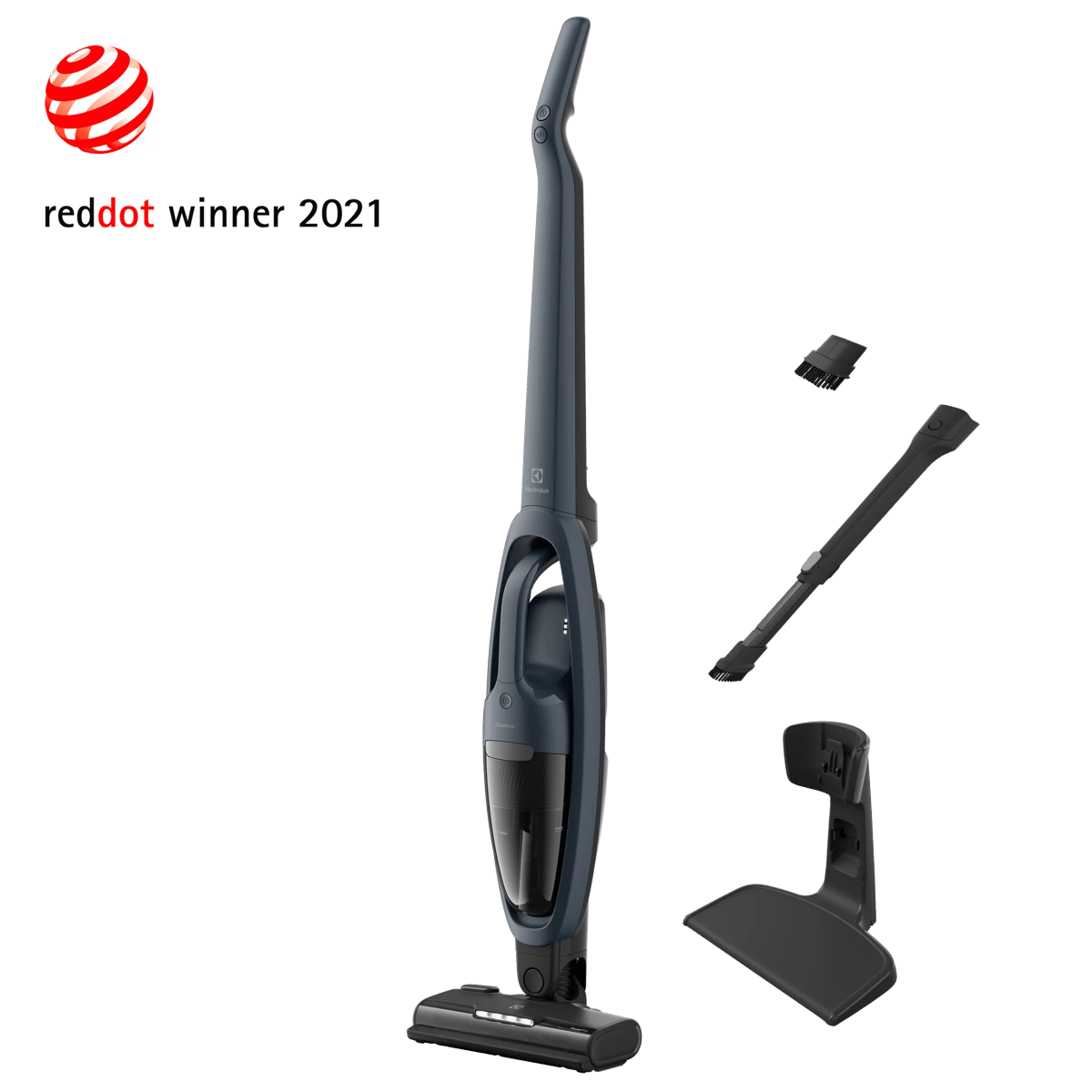 Aspiradora inalámbrica azul oscura con accesorios y logotipo rojo Red Dot Winner 2021.