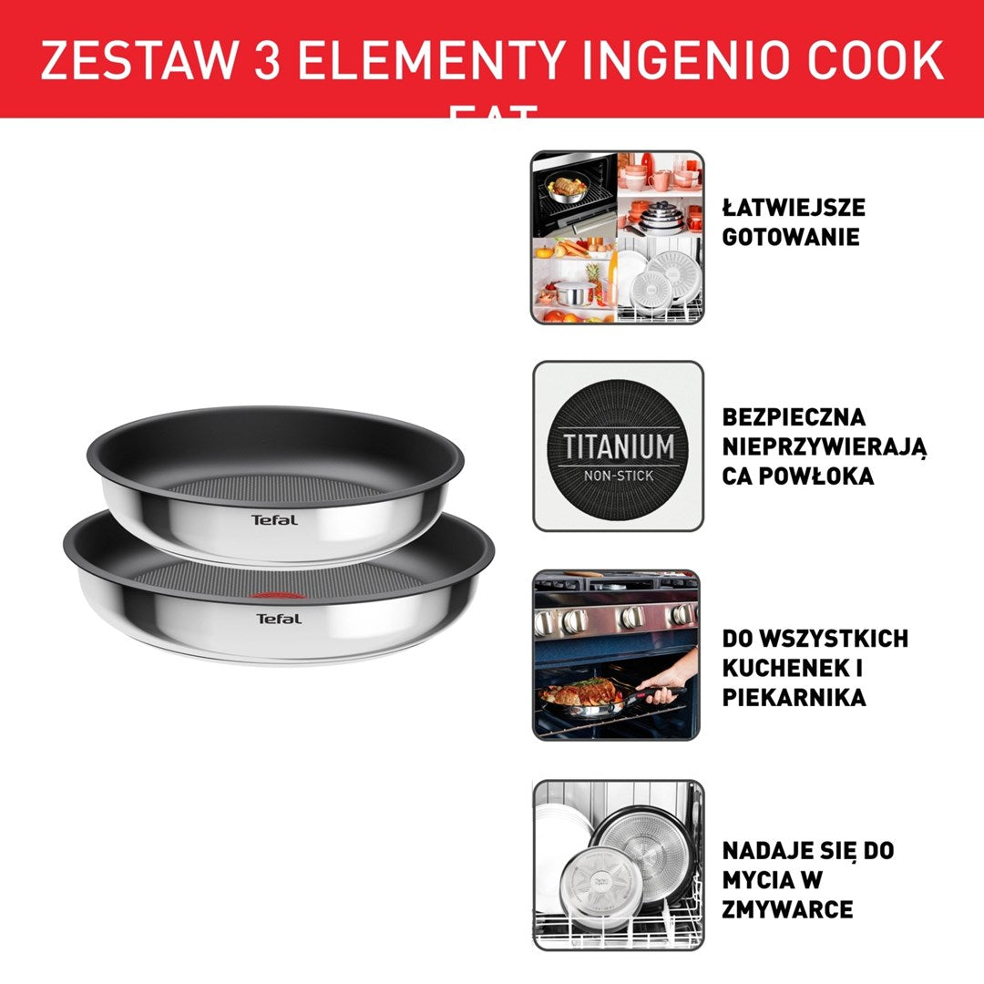 Zestaw naczyń Tefal z dwiema patelniami ze stali nierdzewnej, tytanową powłoką nieprzywierającą i ikonami.
