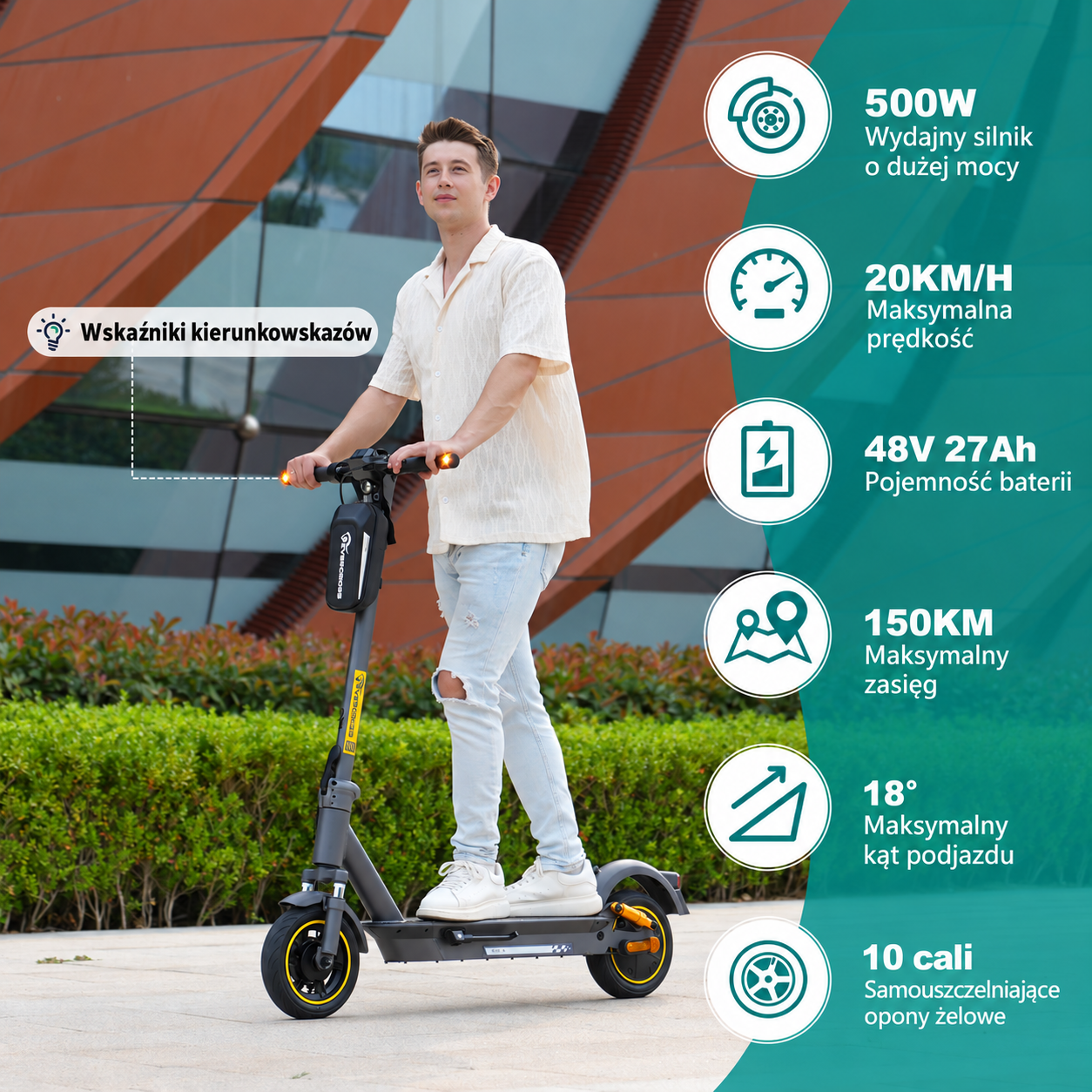 Mężczyzna jedzie na hulajnodze elektrycznej w towarzystwie infografik ze specyfikacją.