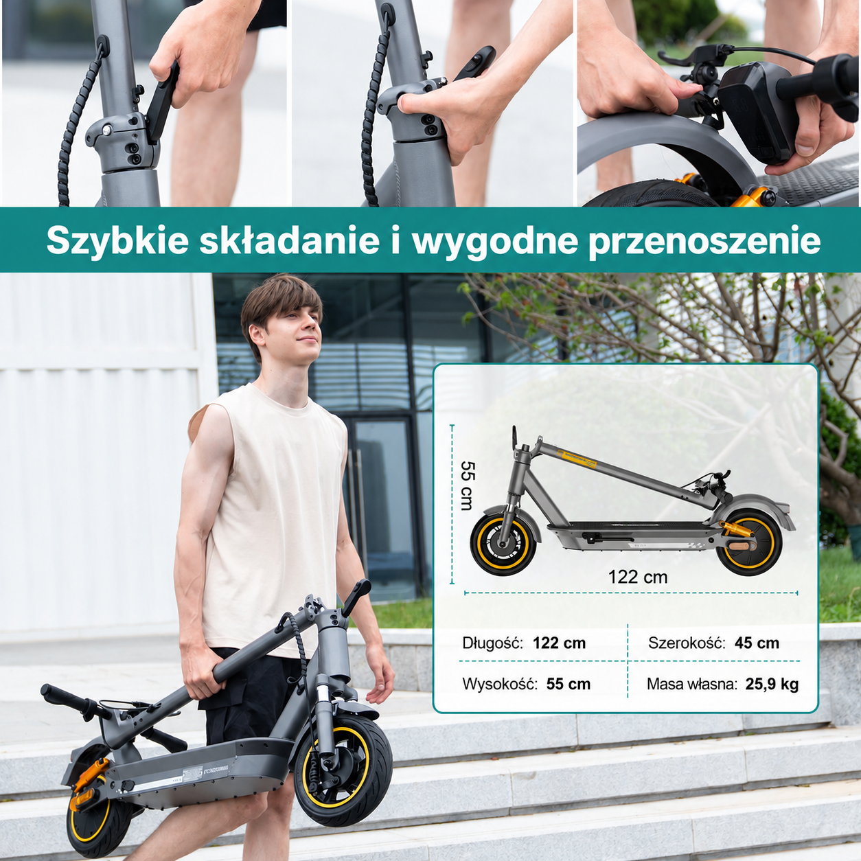 Mężczyzna niesie złożoną hulajnogę elektryczną przed budynkiem, pokazano wymiary i sposób składania.