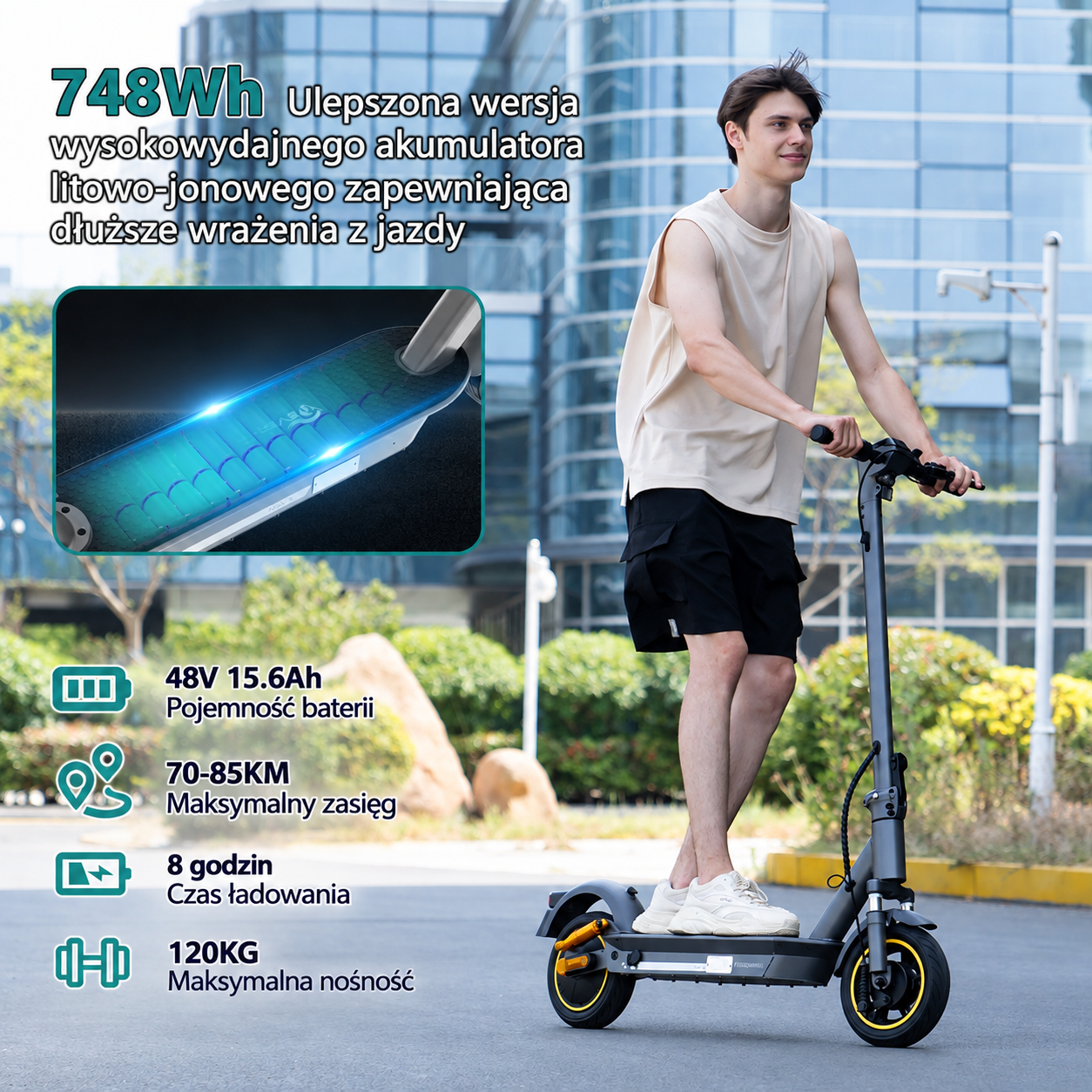 Mężczyzna jedzie na hulajnodze elektrycznej z tekstem opisującym specyfikację.