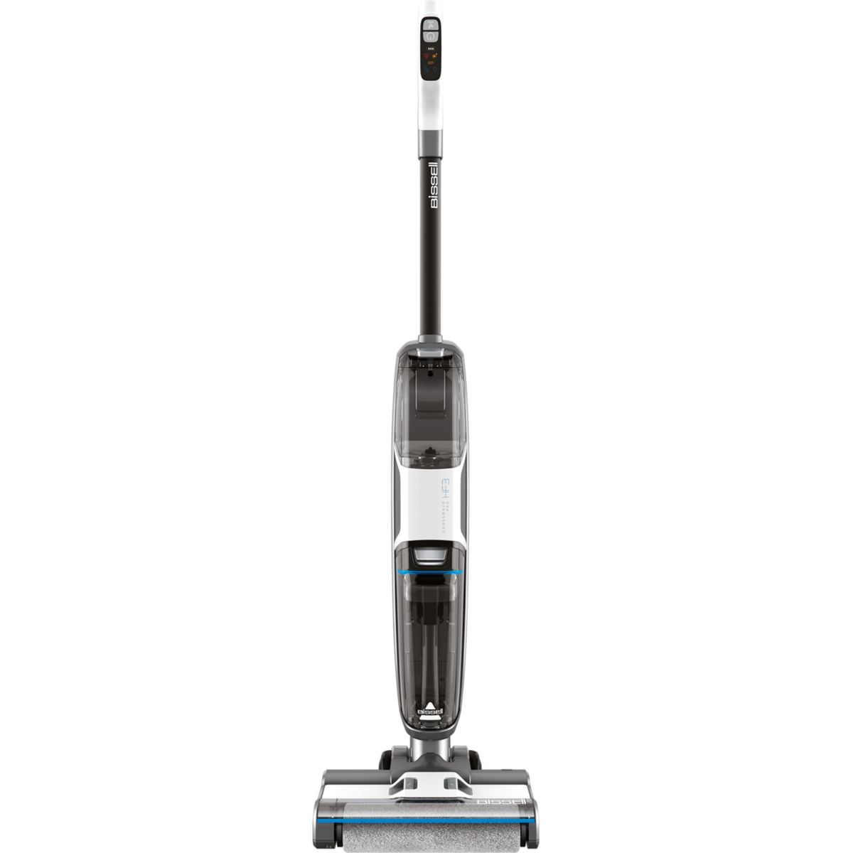 A white and black Bissell hard floor cleaner stands upright against a white background.