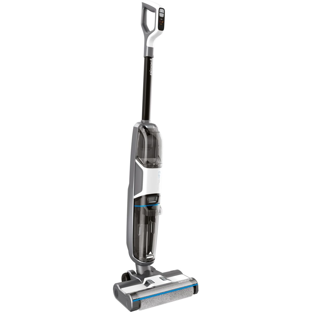 A white and grey cordless hard floor cleaner with a brush roll against a white background.