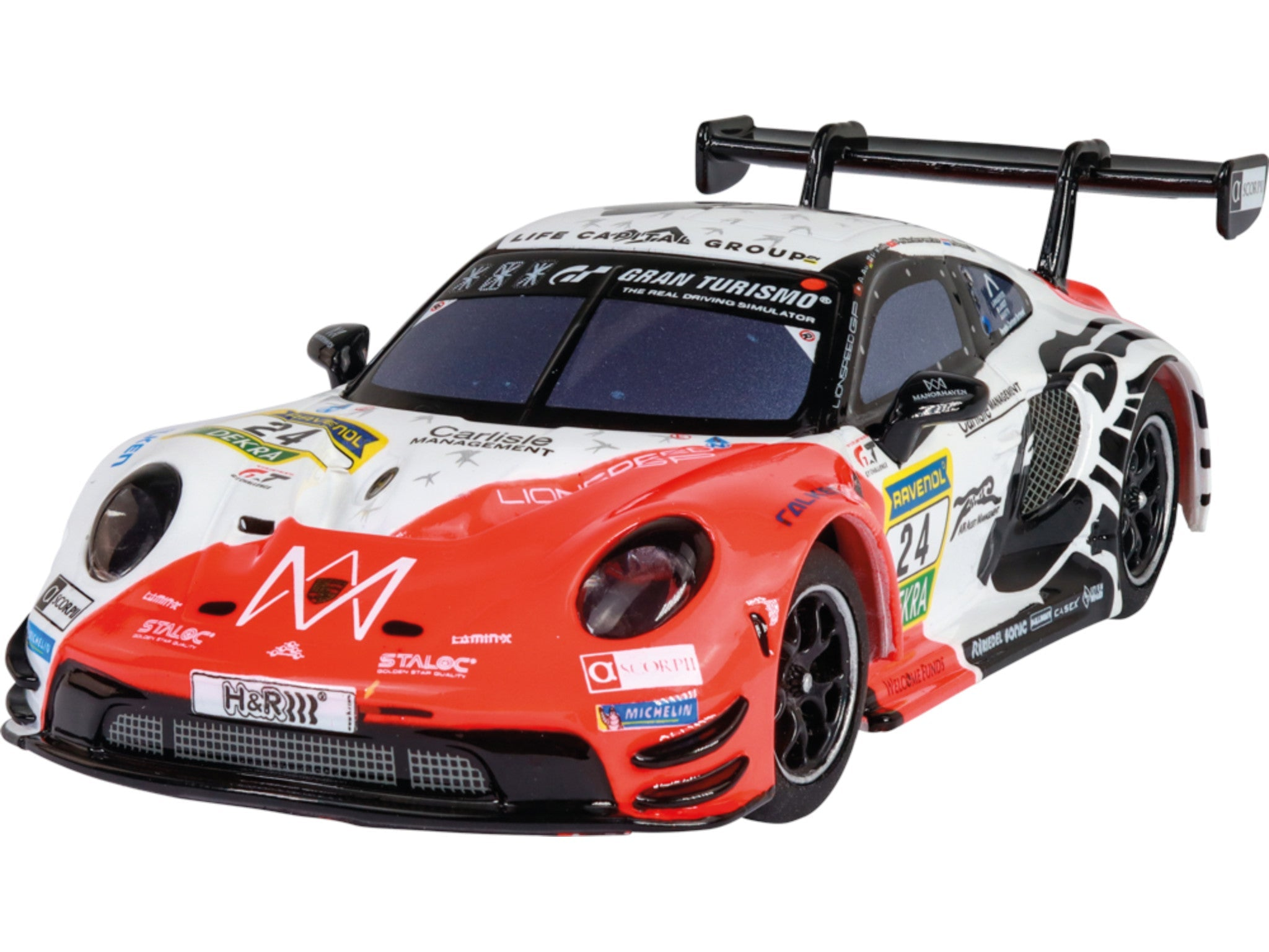 Ein weiß-rotes Porsche GT3-Rennwagenmodell mit Sponsorenaufklebern, schwarzem Heckflügel und Felgen auf weißem Hintergrund.