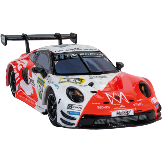 Ein weiß-rotes Rennauto-Spielzeug mit Sponsorenlogos und großem Heckflügel vor weißem Hintergrund.