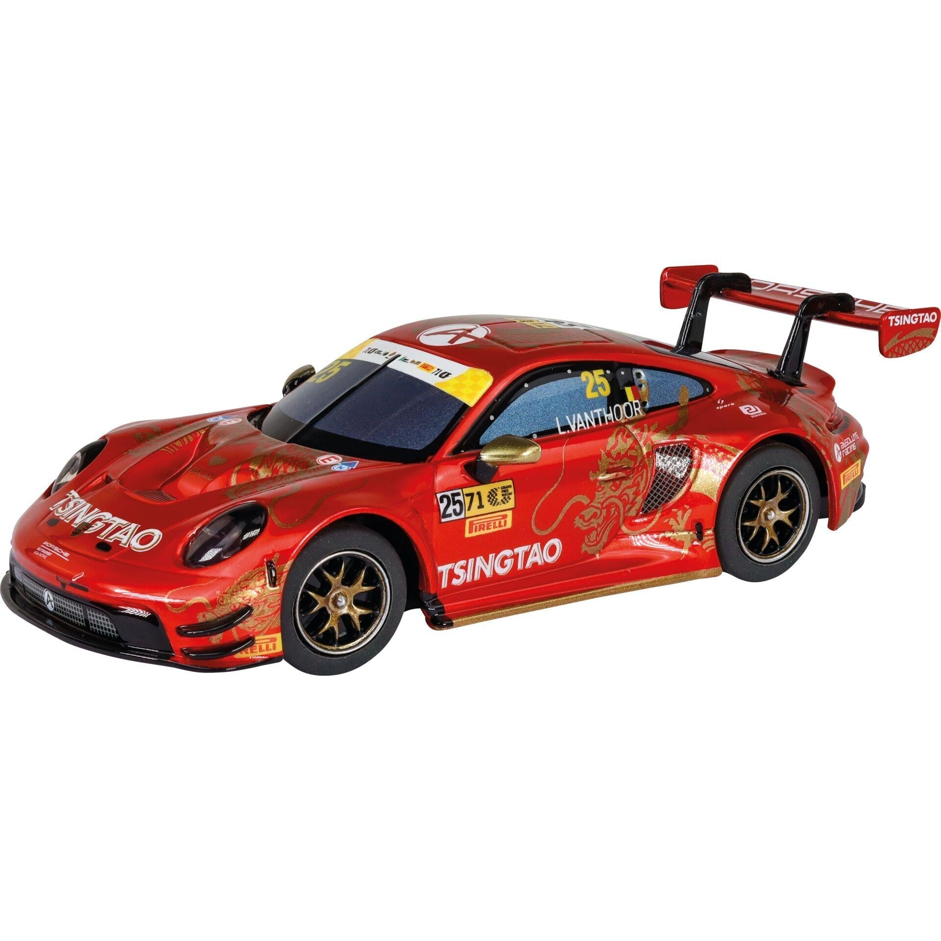 Ein roter Porsche-Rennwagen im Modell mit goldener Drachengrafik und Aufschriften.