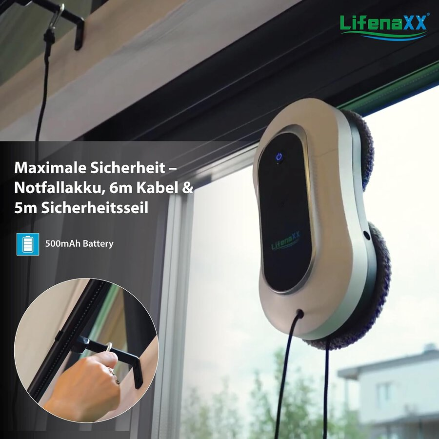 Ein weißer Fensterputzroboter haftet am Fenster, mit einem Ausschnitt zur Befestigung des Sicherheitsseils.
