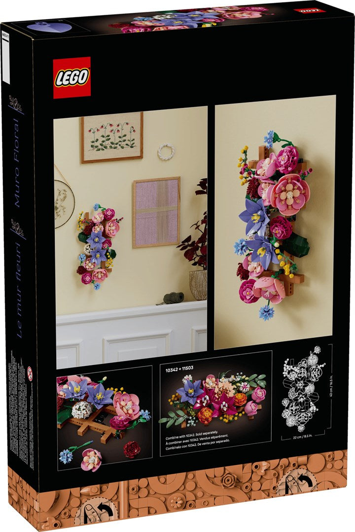 Retro di una scatola di fiori LEGO con colorate composizioni floreali sulle pareti.