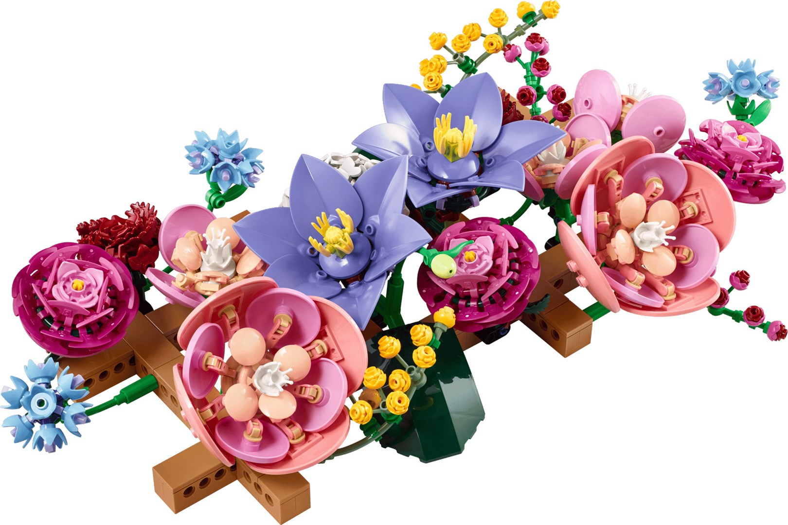Una colorata disposizione di fiori Lego tra cui fiori viola, rosa, gialli e blu su steli marroni.