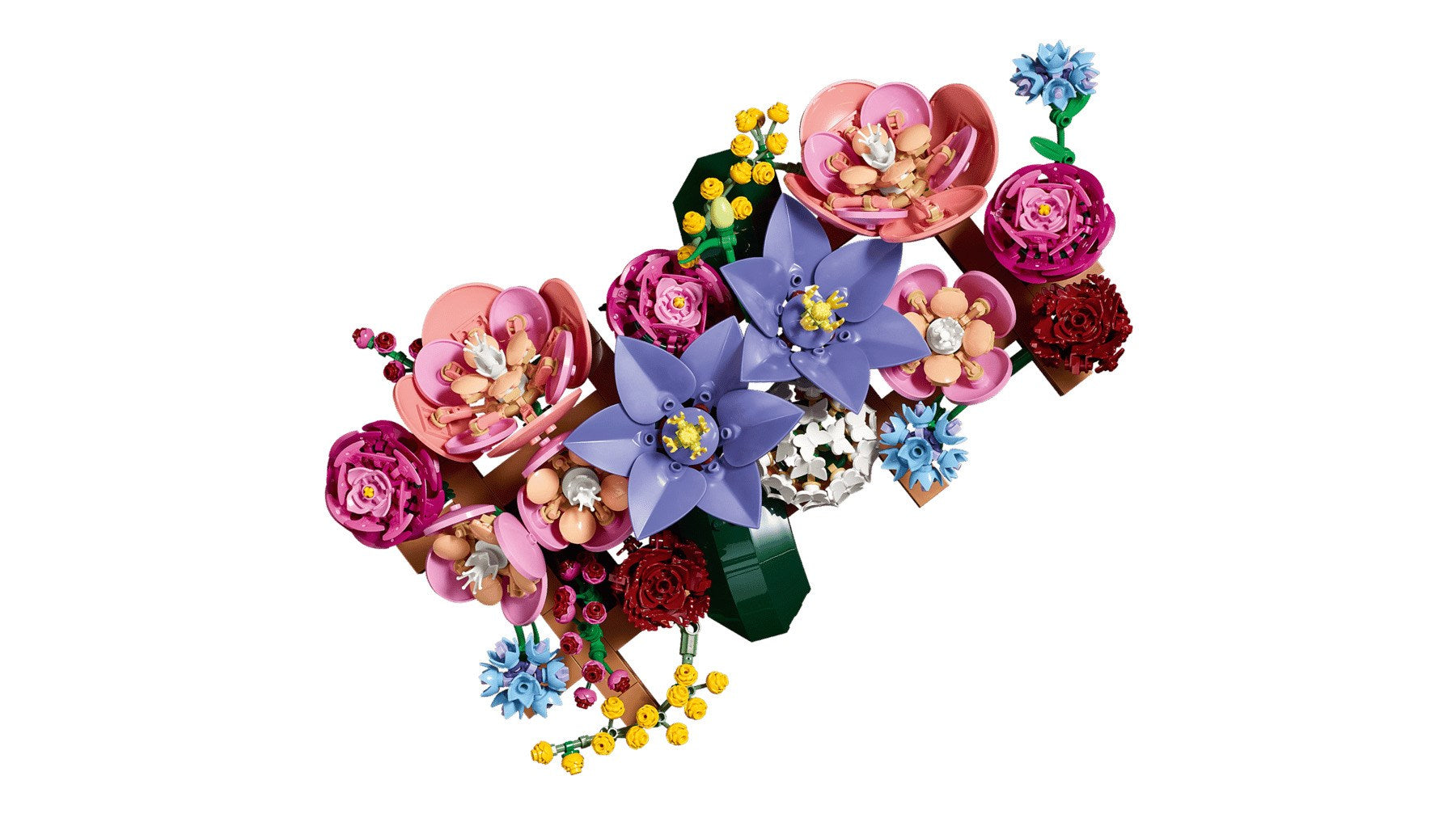 Un colorato bouquet di vari fiori fatto con mattoncini Lego su sfondo bianco.