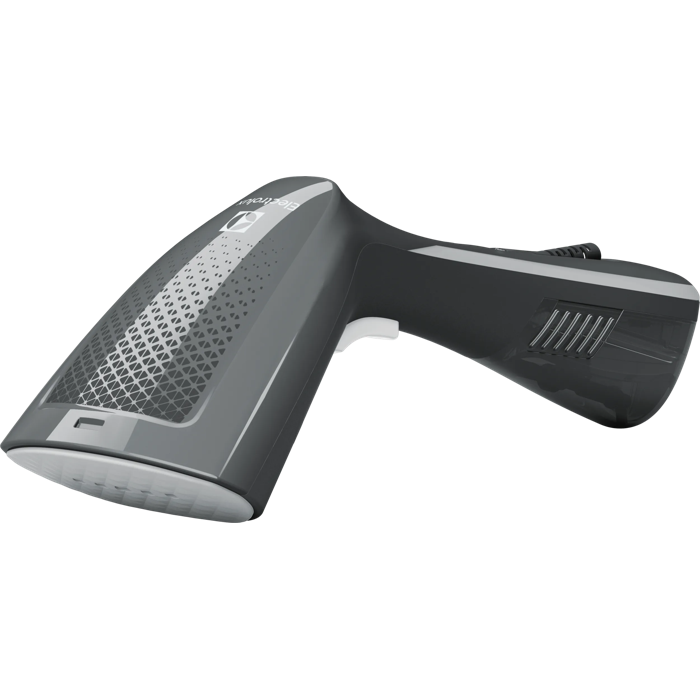 Un vaporizzatore per indumenti portatile grigio con accento bianco e ugello triangolare.
