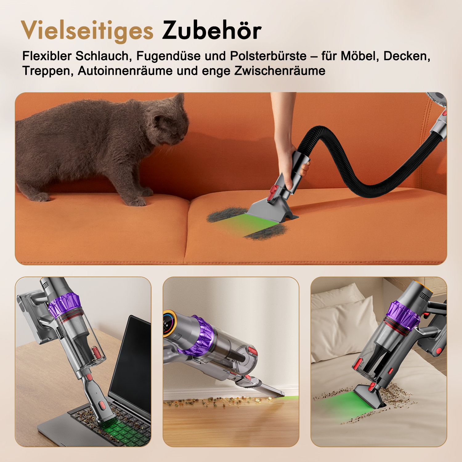 Verschiedene Aufsätze für den Staubsauger reinigen Katzenhaare, Laptop, Boden und Bett.