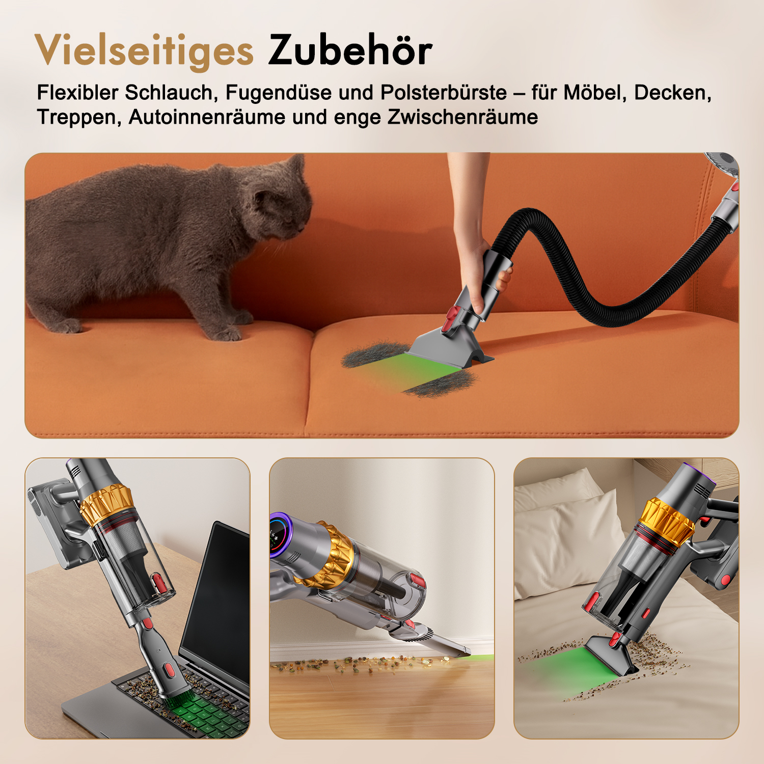 Staubsauger-Zubehör für Möbel und Katzenhaare mit Bildern von verschiedenen Aufsätzen.
