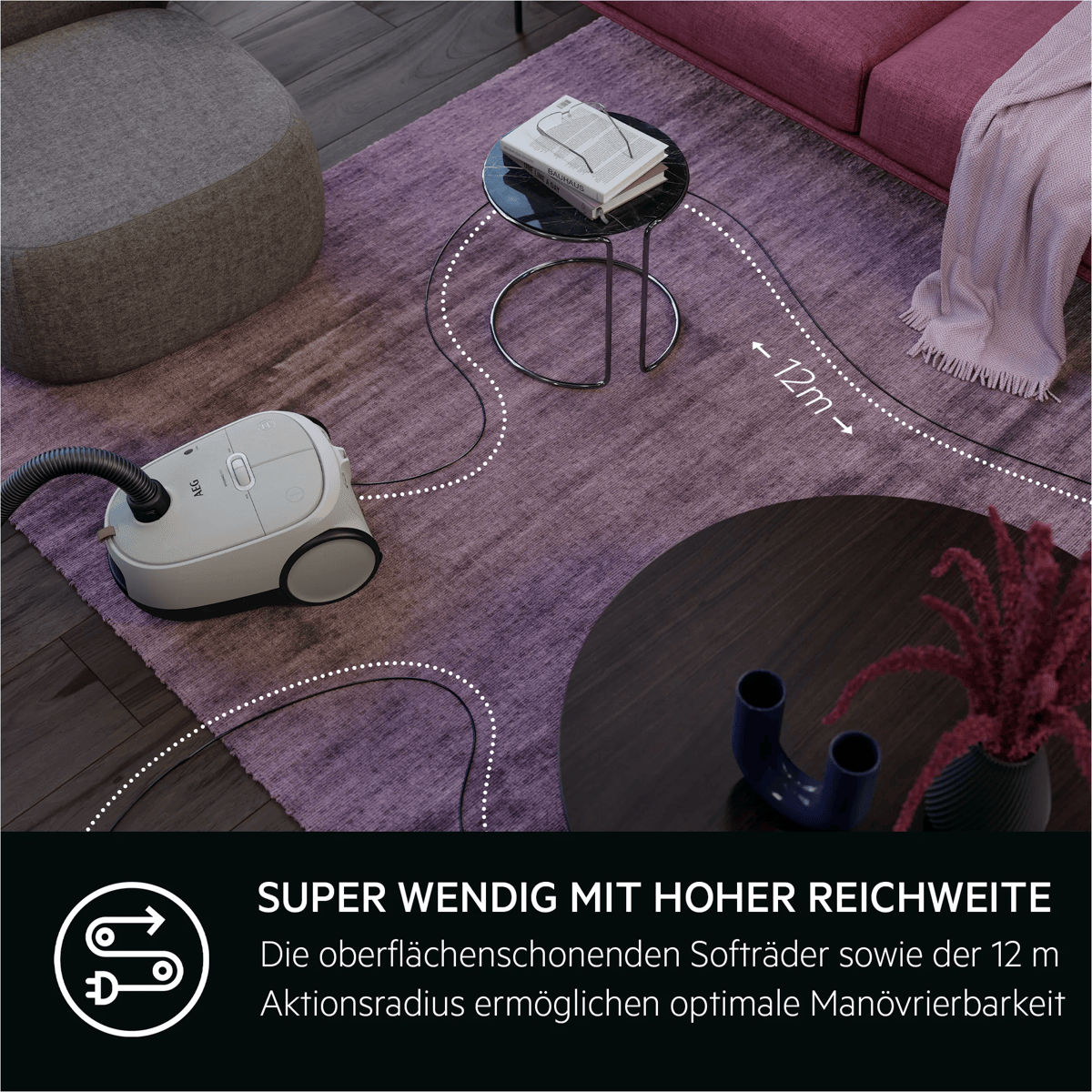 A white vacuum cleaner on a purple rug in a modern living room showing a 12m operating radius.
