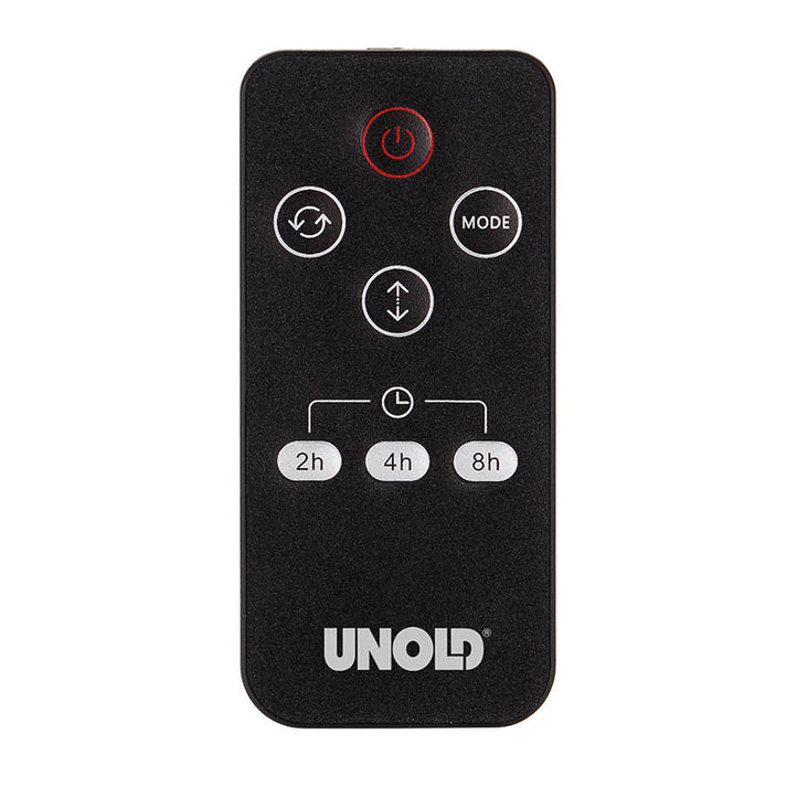 Un control remoto negro Unold con botones redondos para encendido, modo, temporizador y flujo de aire.