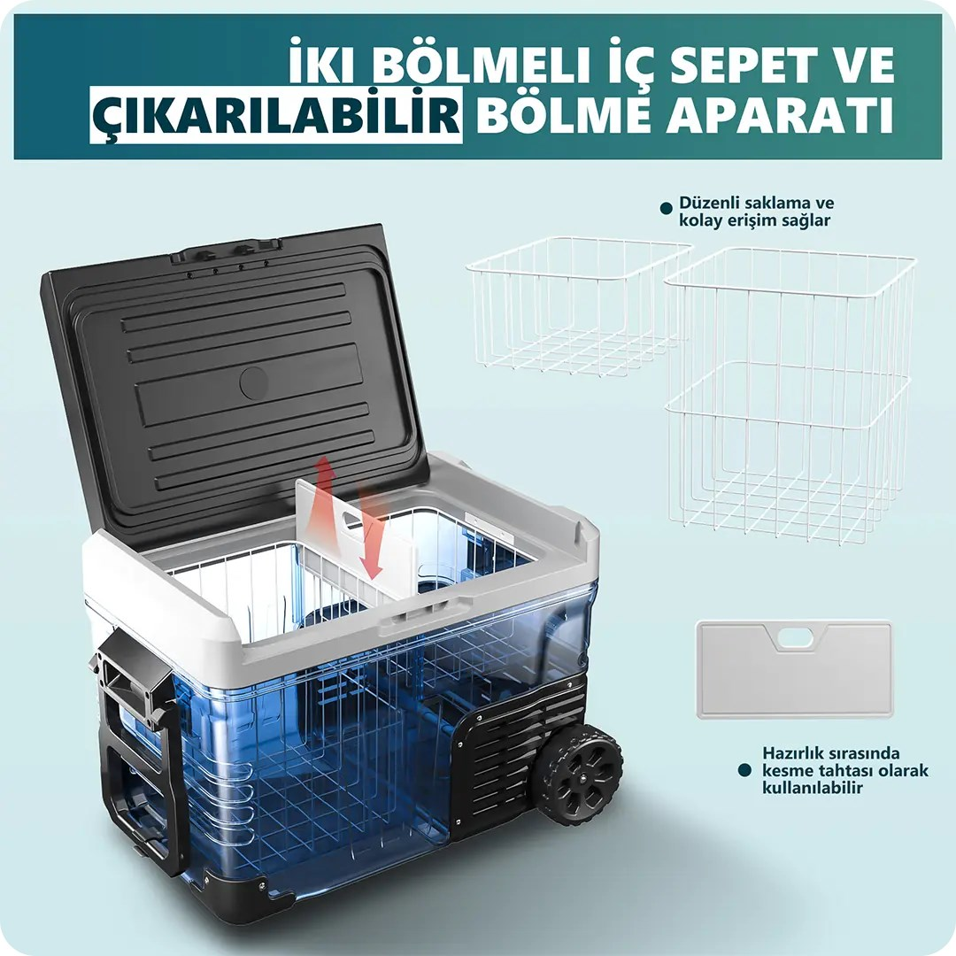 İki bölmeli iç sepeti ve çıkarılabilir bölme aparatı olan taşınabilir soğutucu.