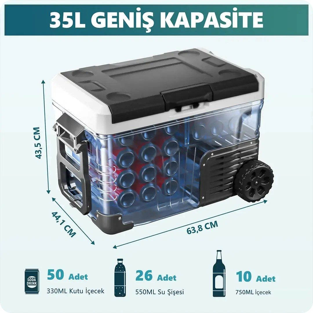 35 litre kapasiteli, tekerlekli, şeffaf gövdeli ve ölçüleri gösterilen termos.