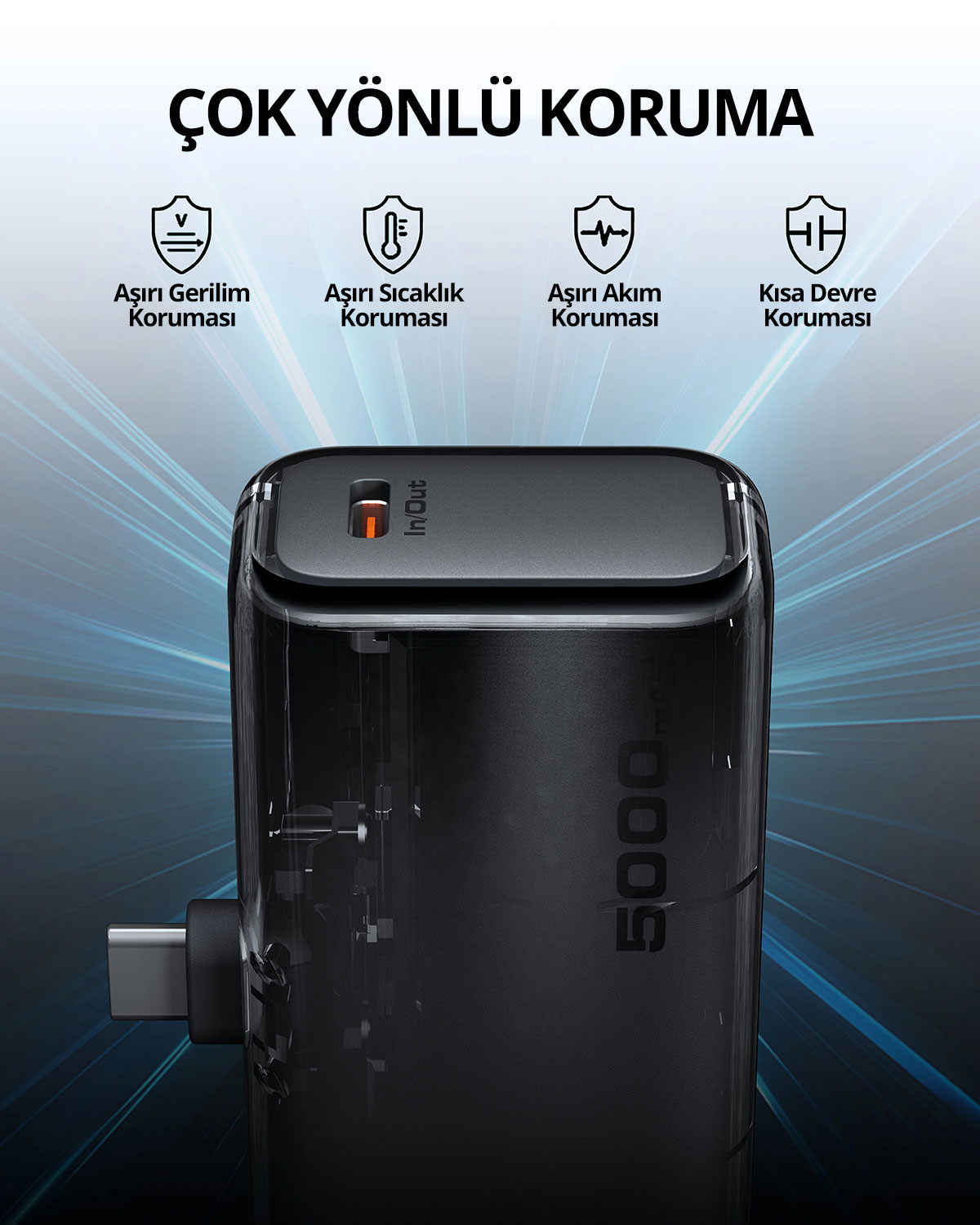 Koruma özellikli, USB portlu ve 5000mAh kapasiteli bir powerbank.