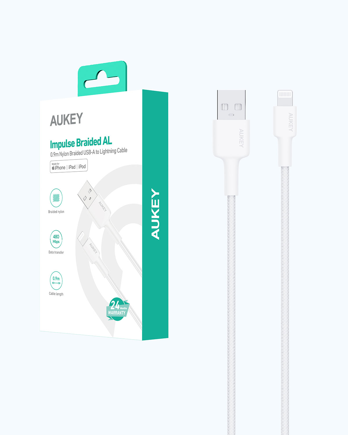 Açık gri arka planda ambalajıyla birlikte Aukey beyaz örgülü USB-A - Lightning kablosu.