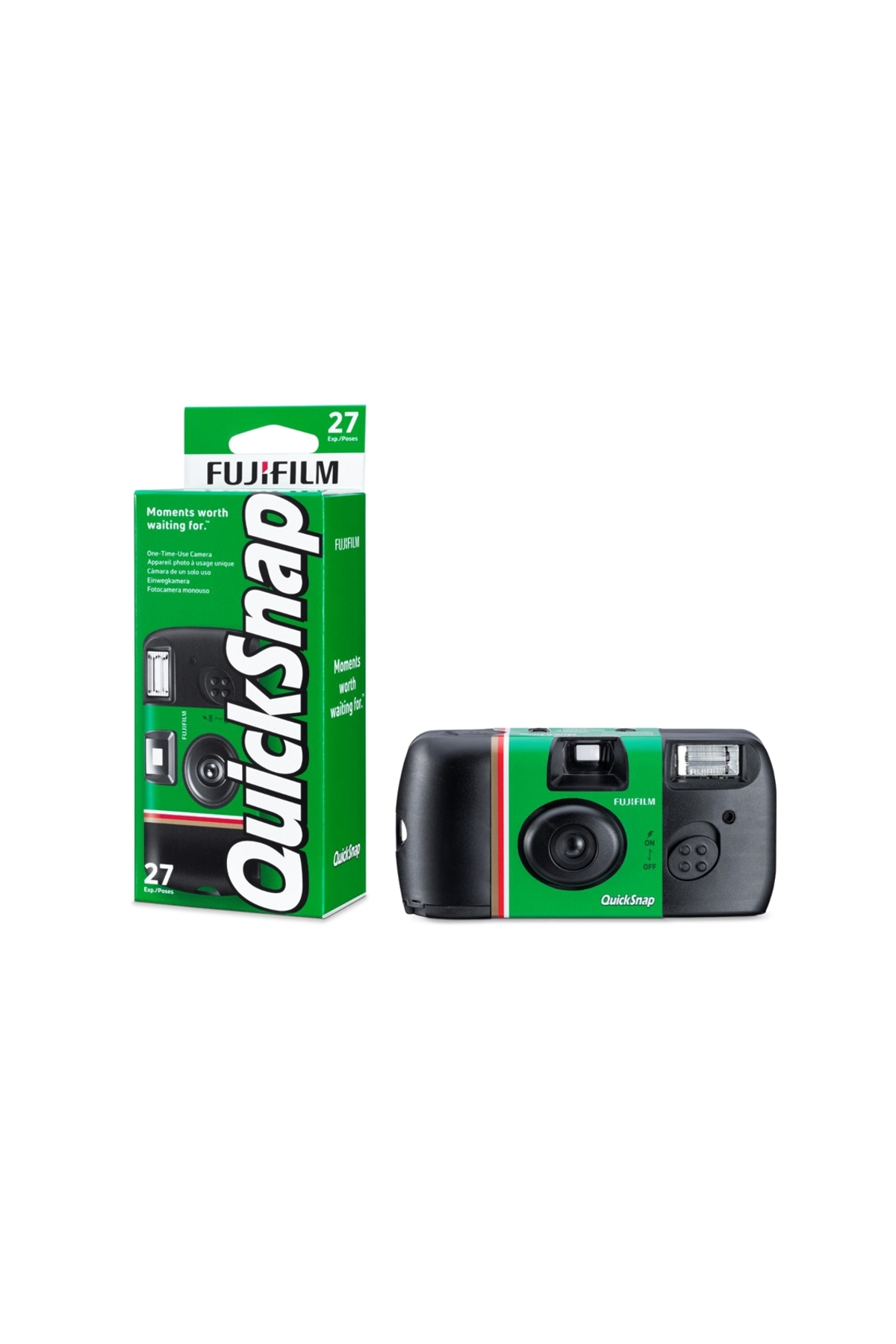 Beyaz arka planda yeşil ve siyah ambalaj kutusunun yanında duran bir Fujifilm QuickSnap kullan-at kamera.