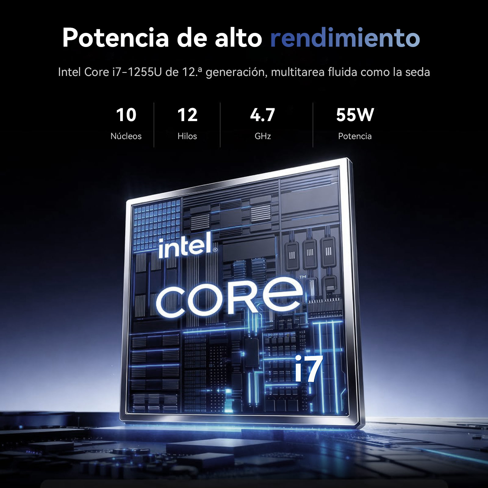 Un procesador Intel Core i7-1255U con especificaciones técnicas sobre fondo oscuro.