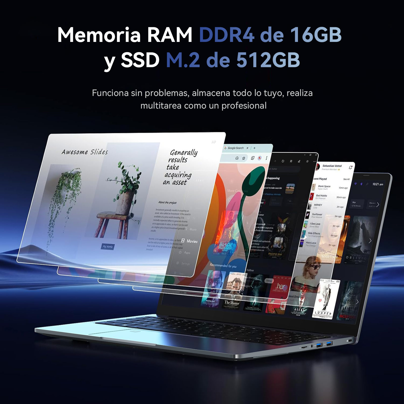 Portátil con múltiples ventanas abiertas y texto sobre RAM de 16GB y SSD de 512GB.