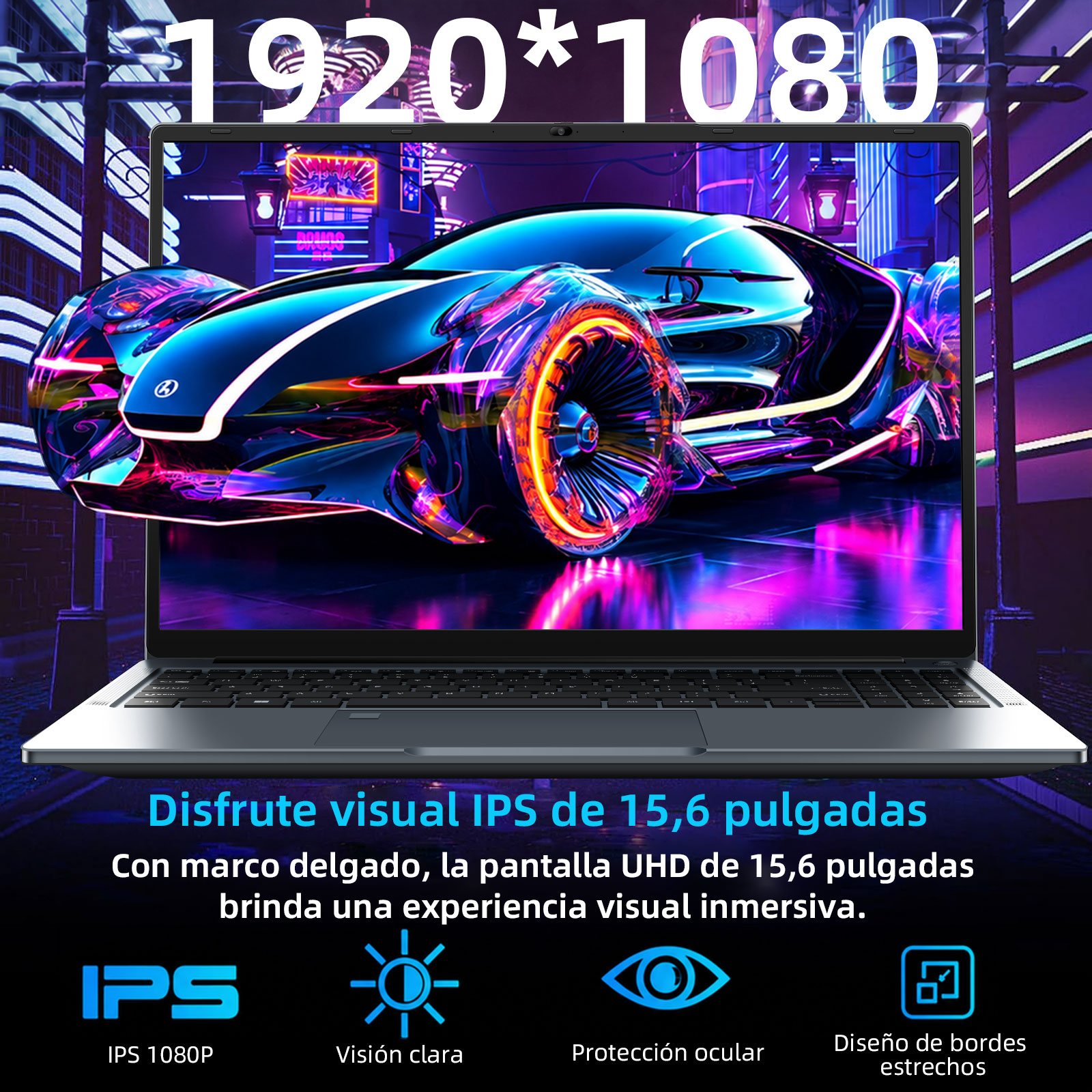 Portátil que muestra un vibrante coche deportivo frente a una ciudad iluminada con neón.