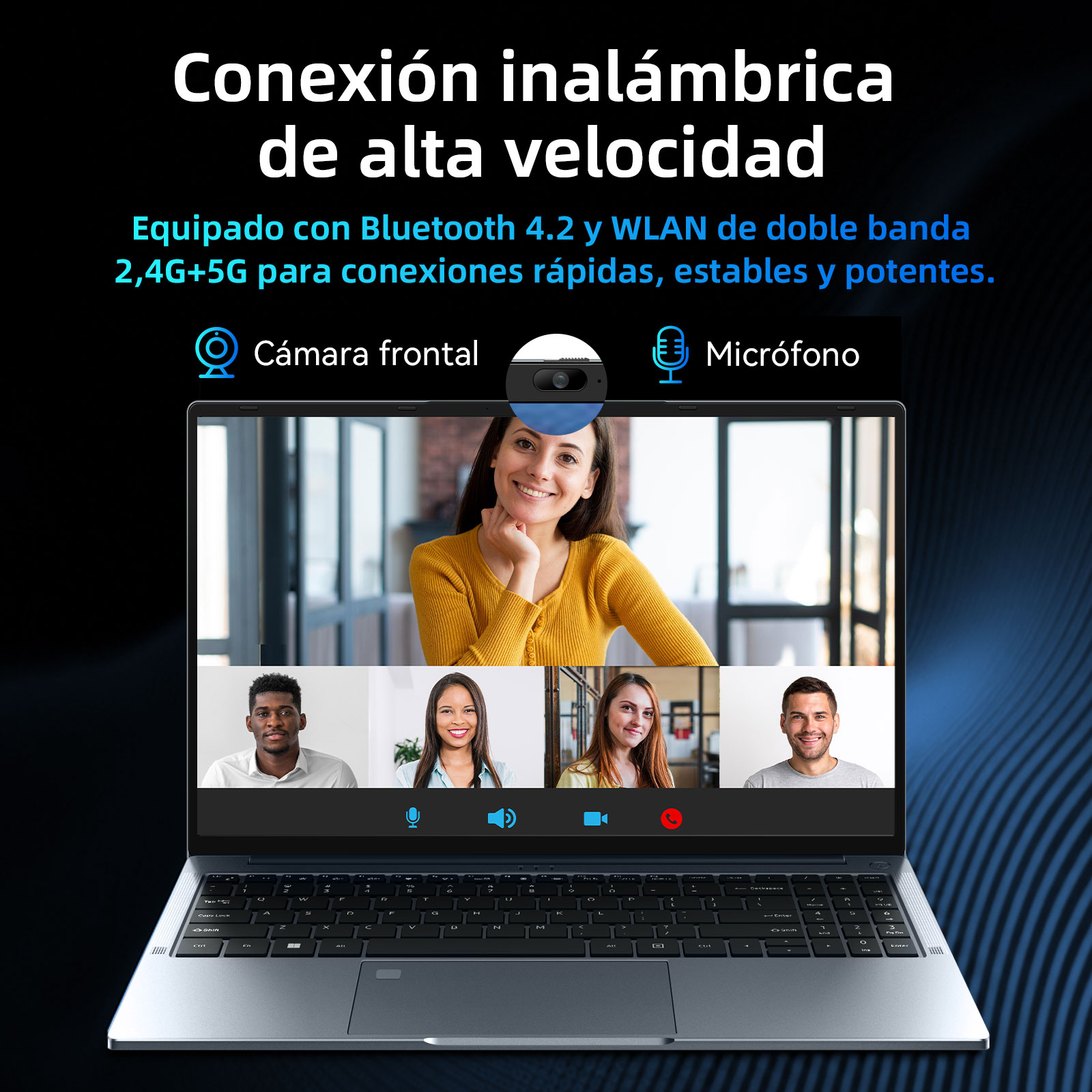 Una laptop muestra una videollamada con cuatro personas en pantalla. Texto destaca conexiones inalámbricas.