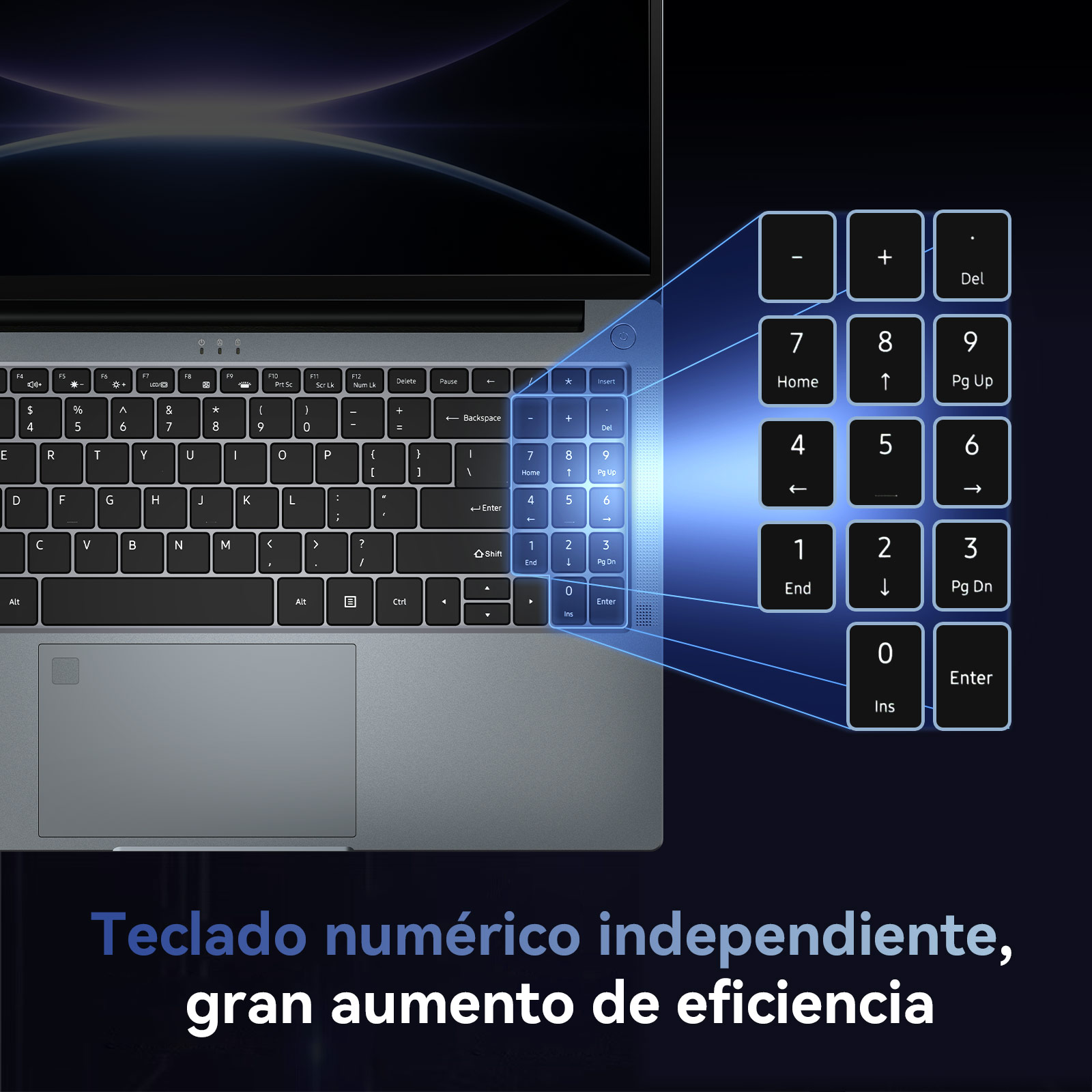 Primer plano de un teclado de portátil con un teclado numérico resaltado y texto abajo.