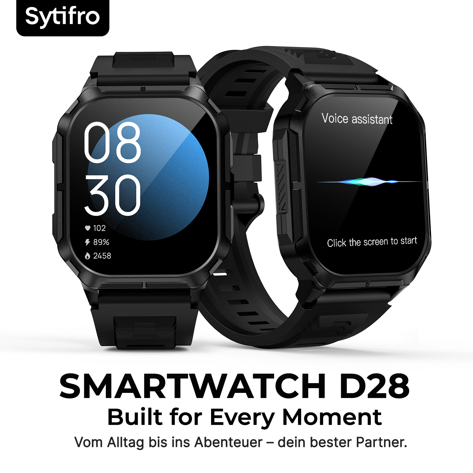 Zwei schwarze Smartwatches mit digitalem Zifferblatt und Sprachassistenten auf weißem Hintergrund.