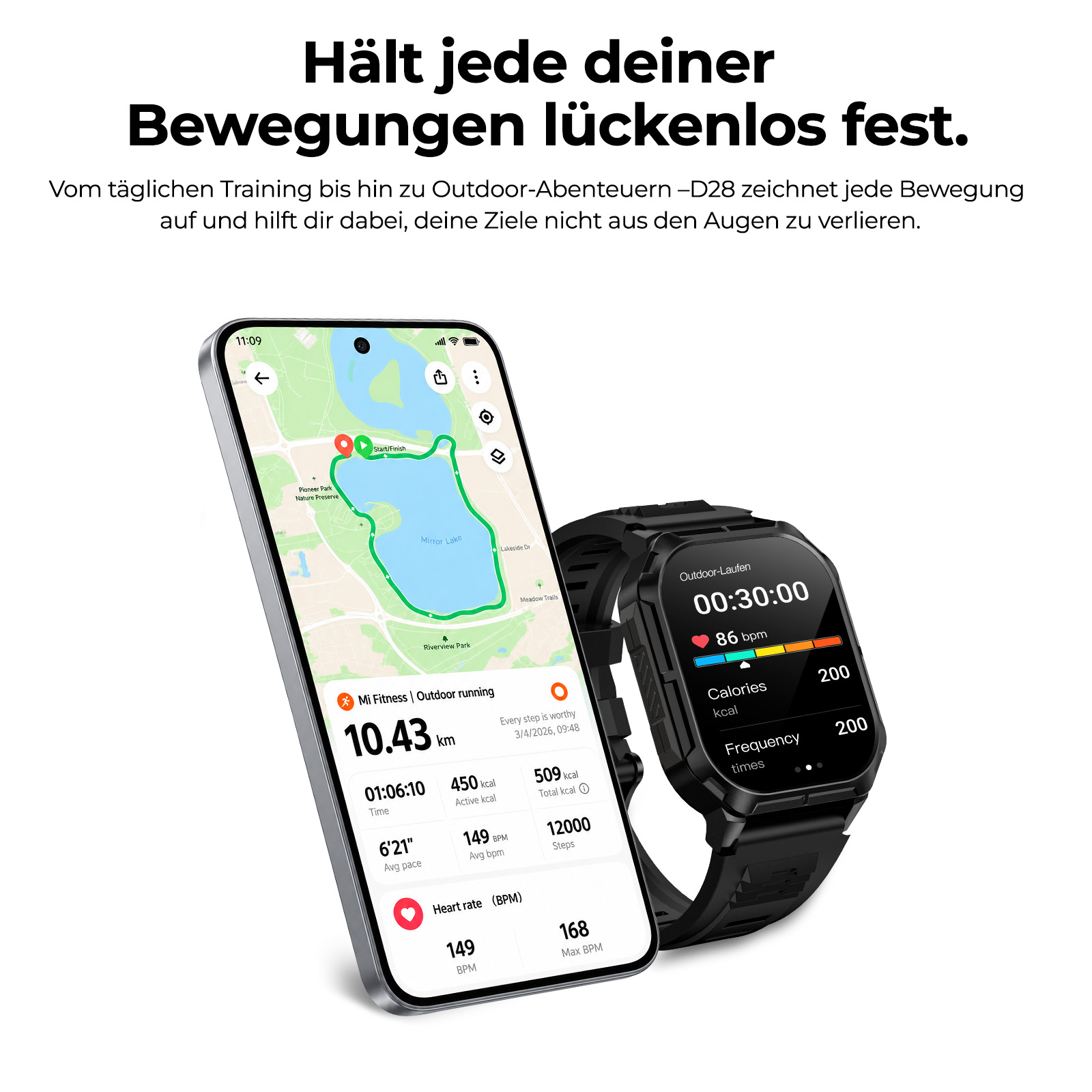 Smartphone mit Fitness-App-Kartenansicht und eine robuste Sportuhr mit Trainingsdaten vor weißem Hintergrund.