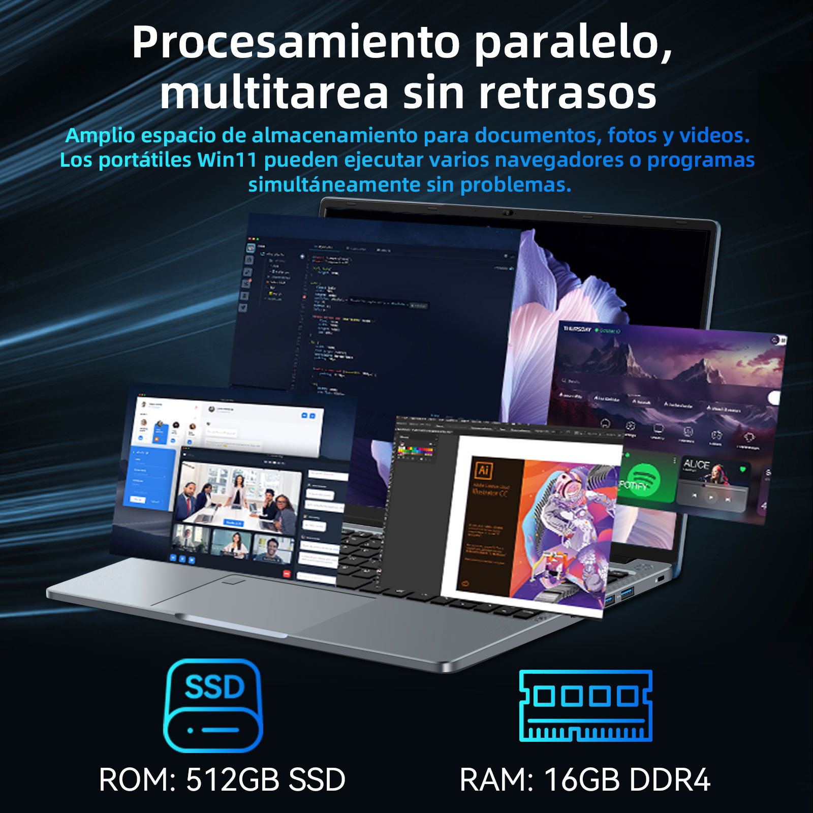 Una laptop muestra multitarea con SSD de 512 GB y RAM de 16 GB.