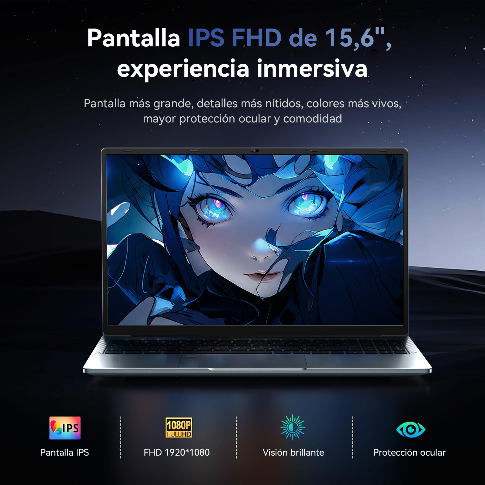 Un ordenador portátil muestra un personaje de anime brillante en su pantalla contra un fondo oscuro y estrellado.