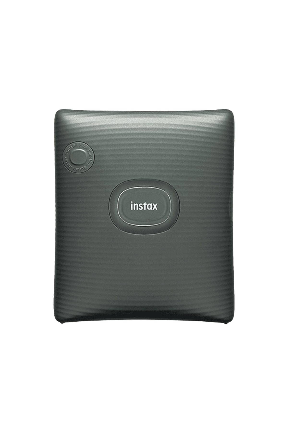 Beyaz arka plan üzerinde oluklu tasarıma sahip gri Instax Square Link yazıcı.