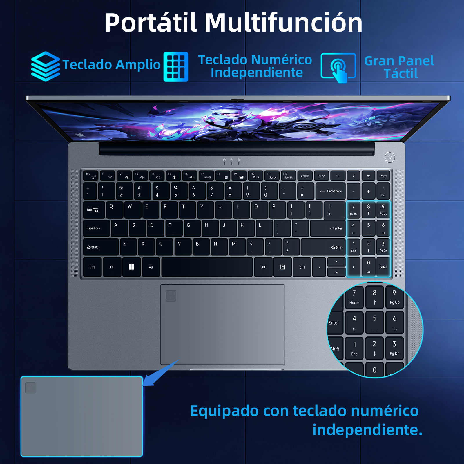 Una laptop plateada con teclado completo, teclado numérico y gran panel táctil, vista desde arriba sobre un fondo azul.