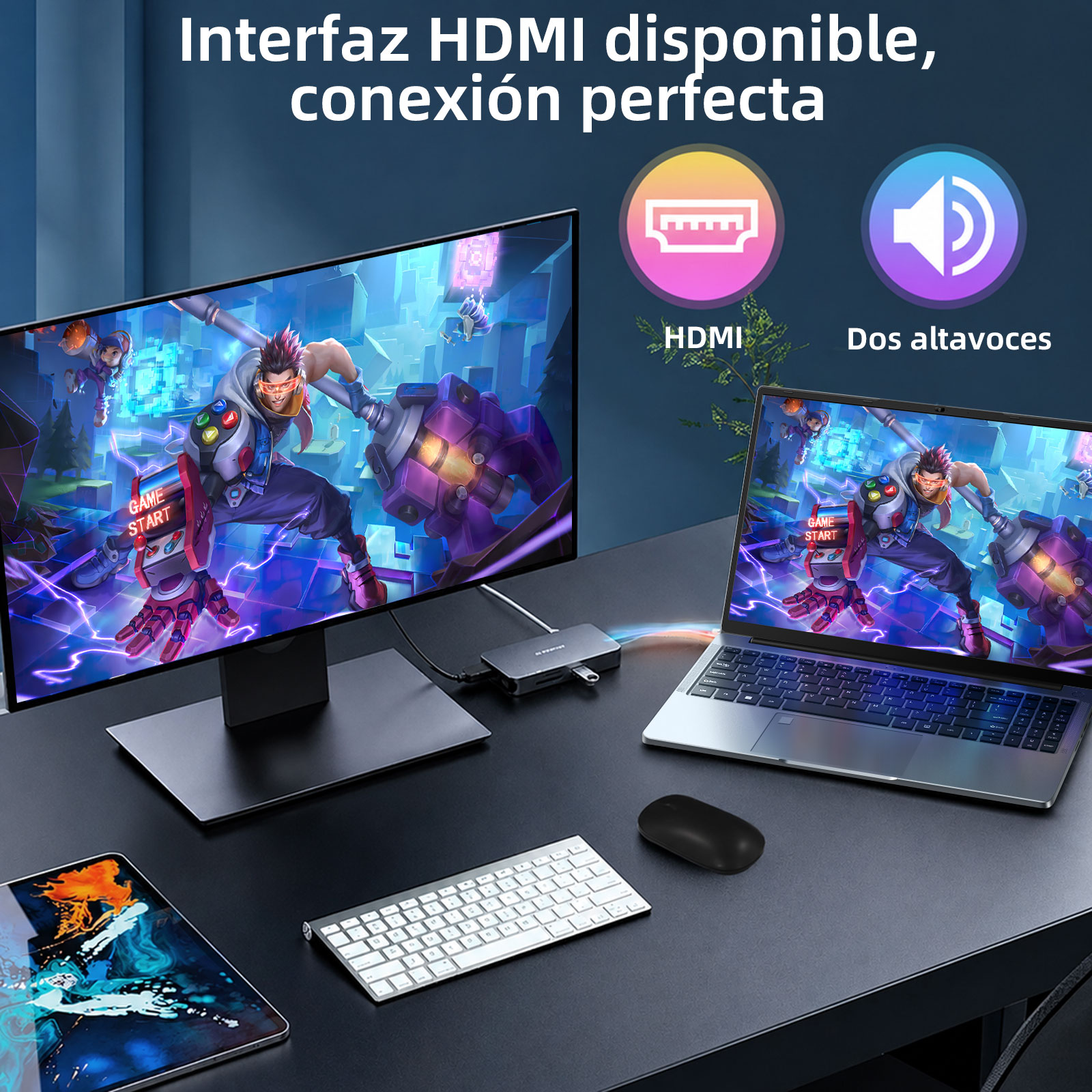 Una laptop, monitor, tableta y teclado en un escritorio, destacando funciones HDMI y de altavoz.